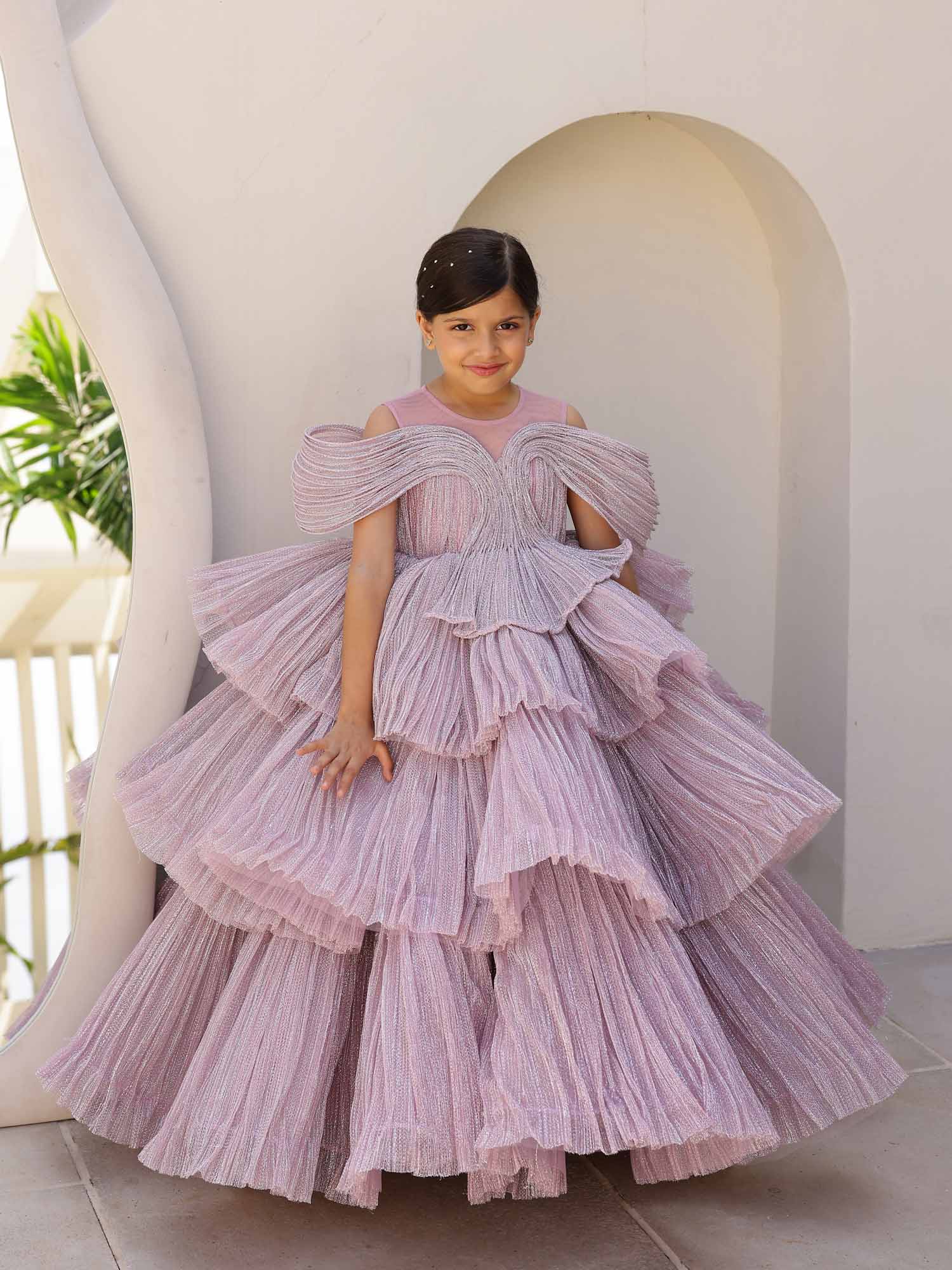 JANYAS CLOSET Ethereal Rose Pleated Gown with Removable Flair
