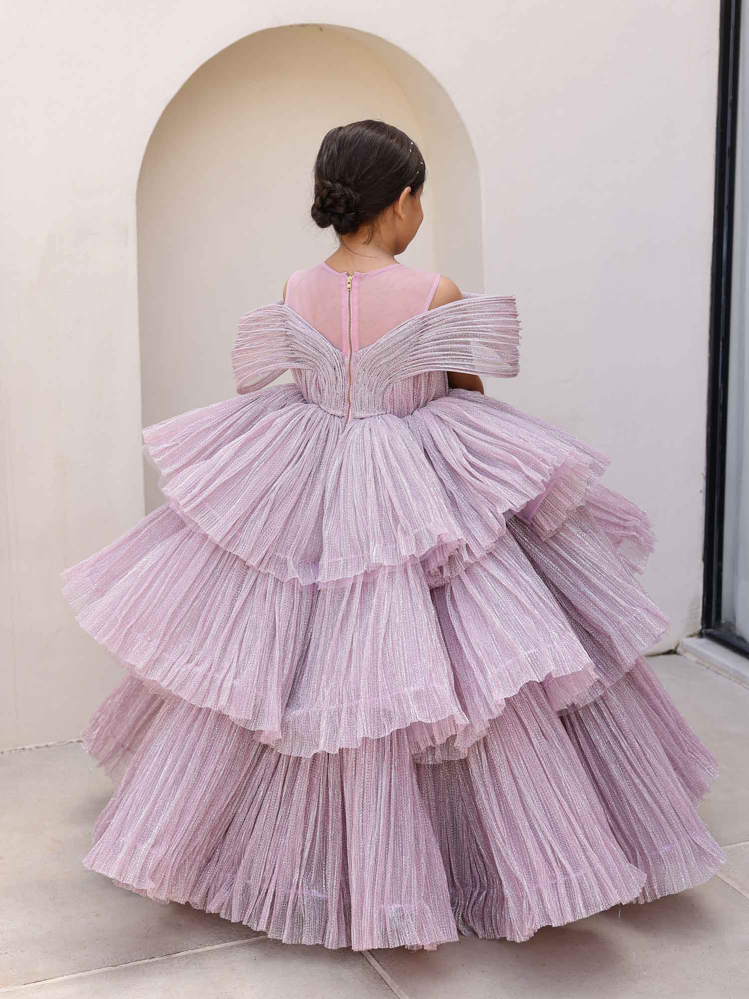 JANYAS CLOSET Ethereal Rose Pleated Gown with Removable Flair