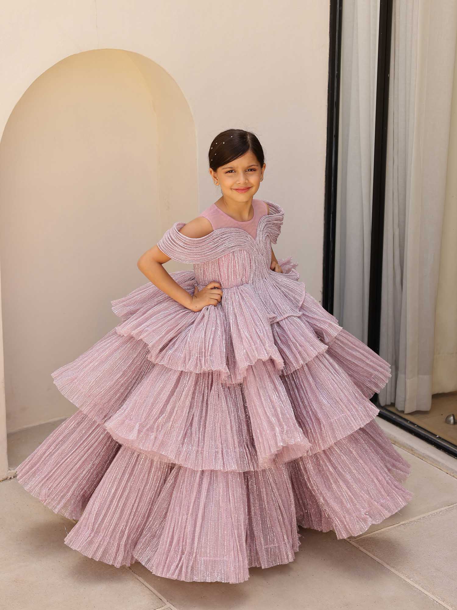 JANYAS CLOSET Ethereal Rose Pleated Gown with Removable Flair