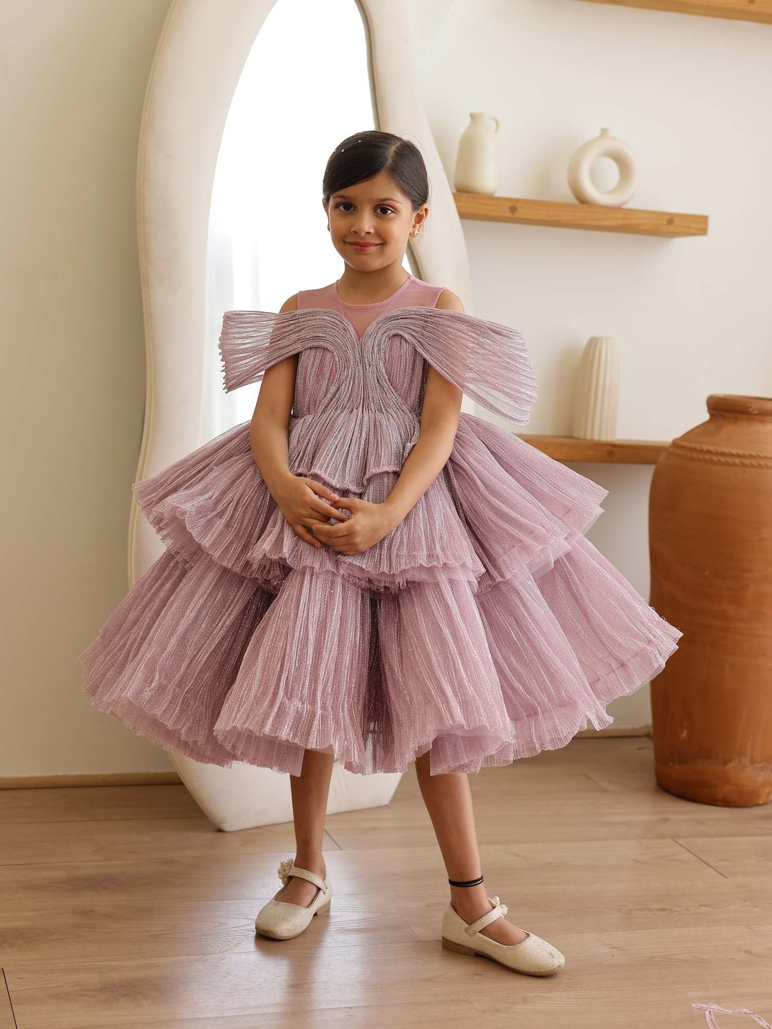 JANYAS CLOSET Ethereal Rose Pleated Gown with Removable Flair