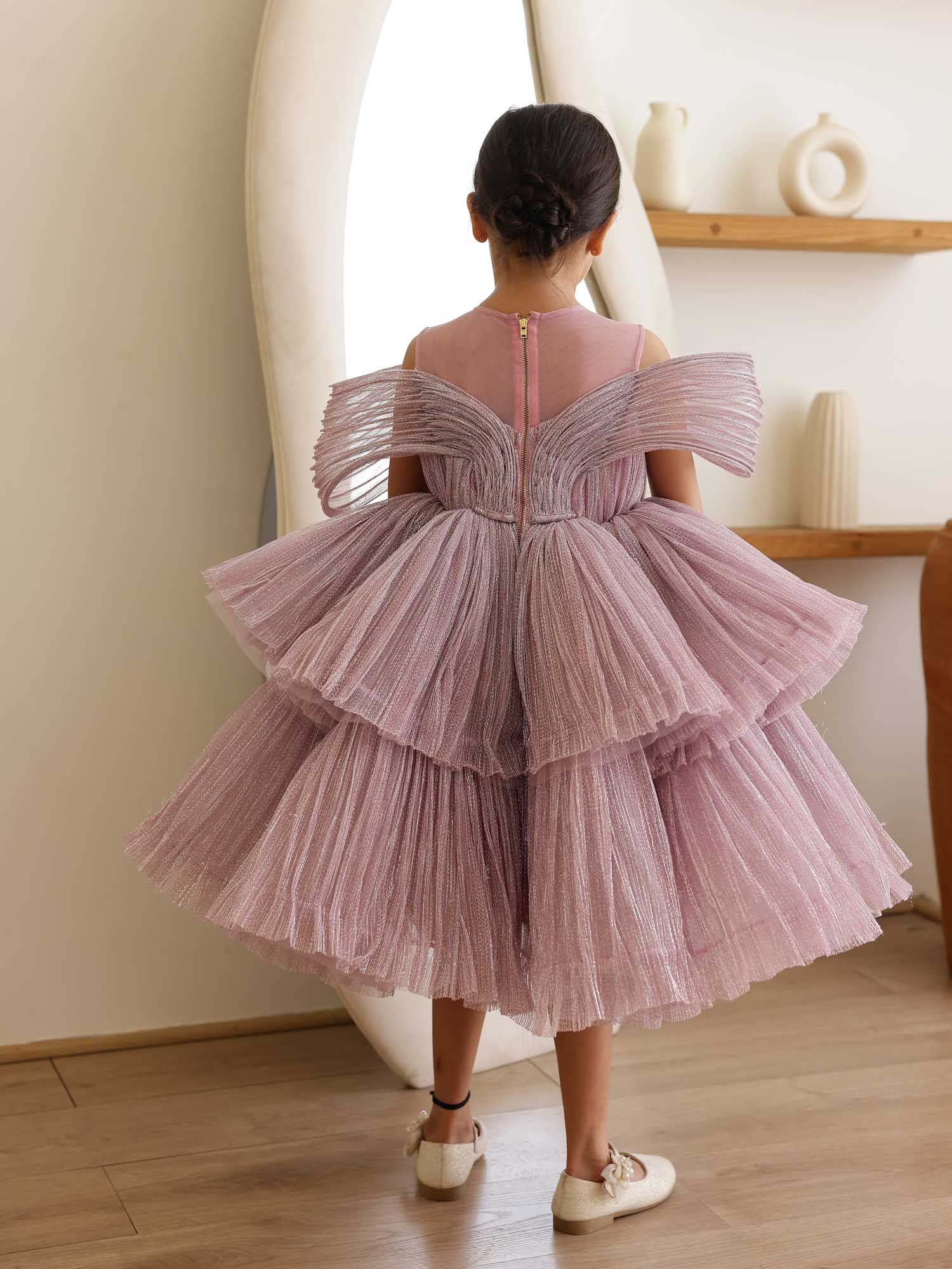 JANYAS CLOSET Ethereal Rose Pleated Gown with Removable Flair