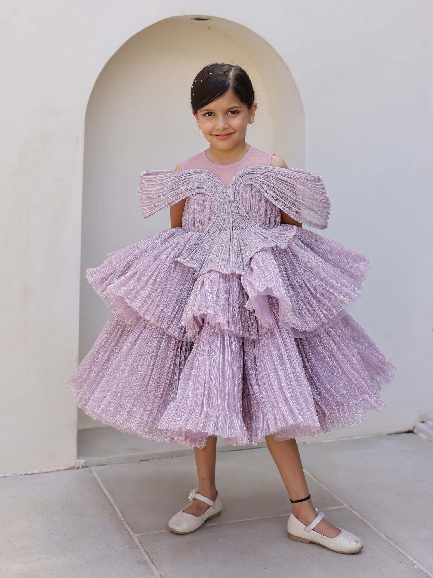 JANYAS CLOSET Ethereal Rose Pleated Gown with Removable Flair