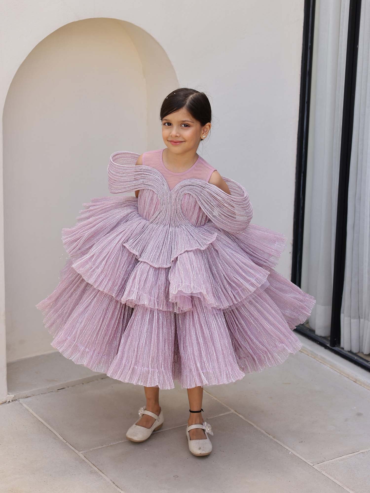 JANYAS CLOSET Ethereal Rose Pleated Gown with Removable Flair