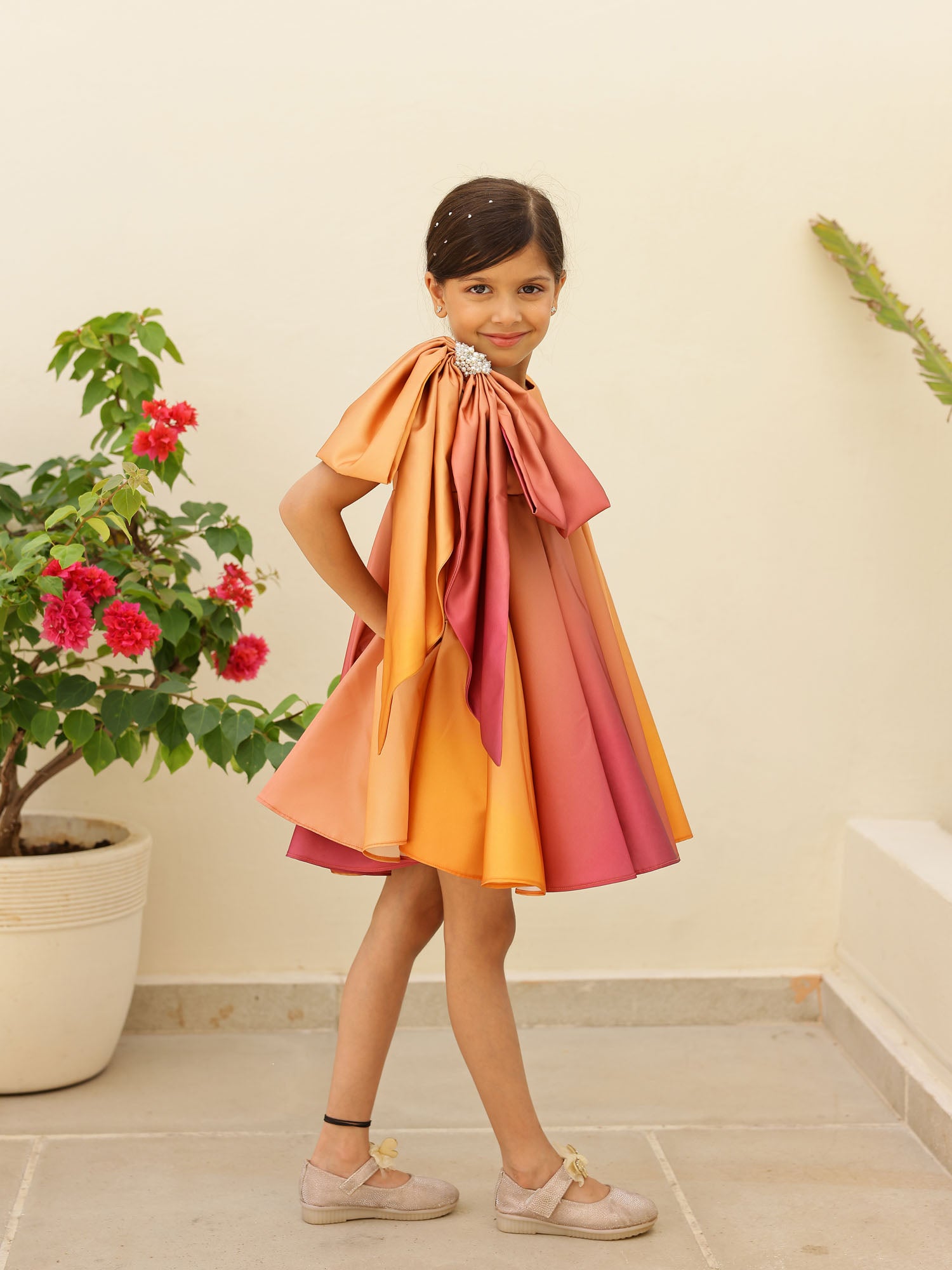 JANYAS CLSOET Ombre Rust Satin Dress with Shoulder Bow