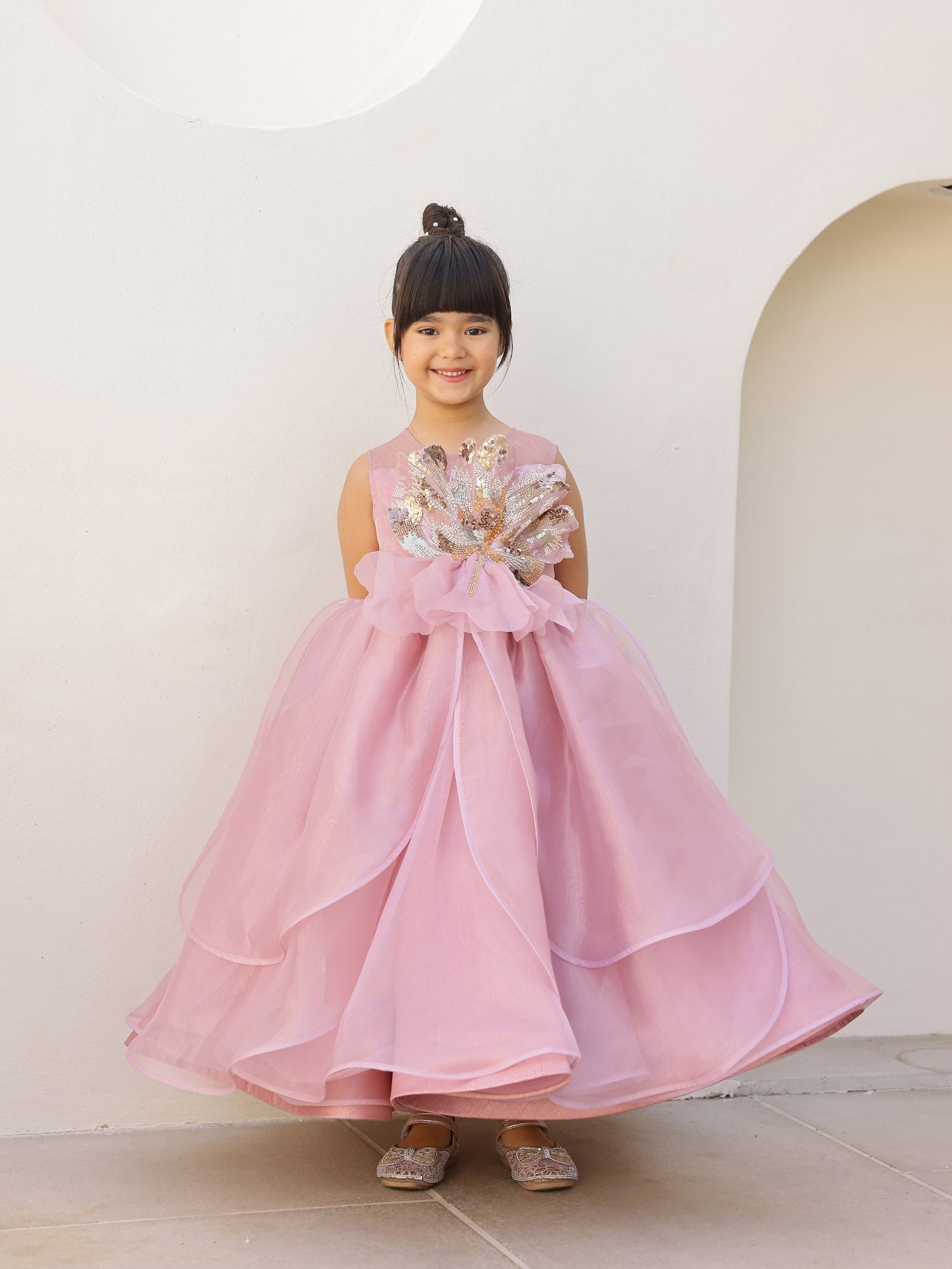 JANYAS CLOSET Amara Pink Petal Sequin Calf length Gown