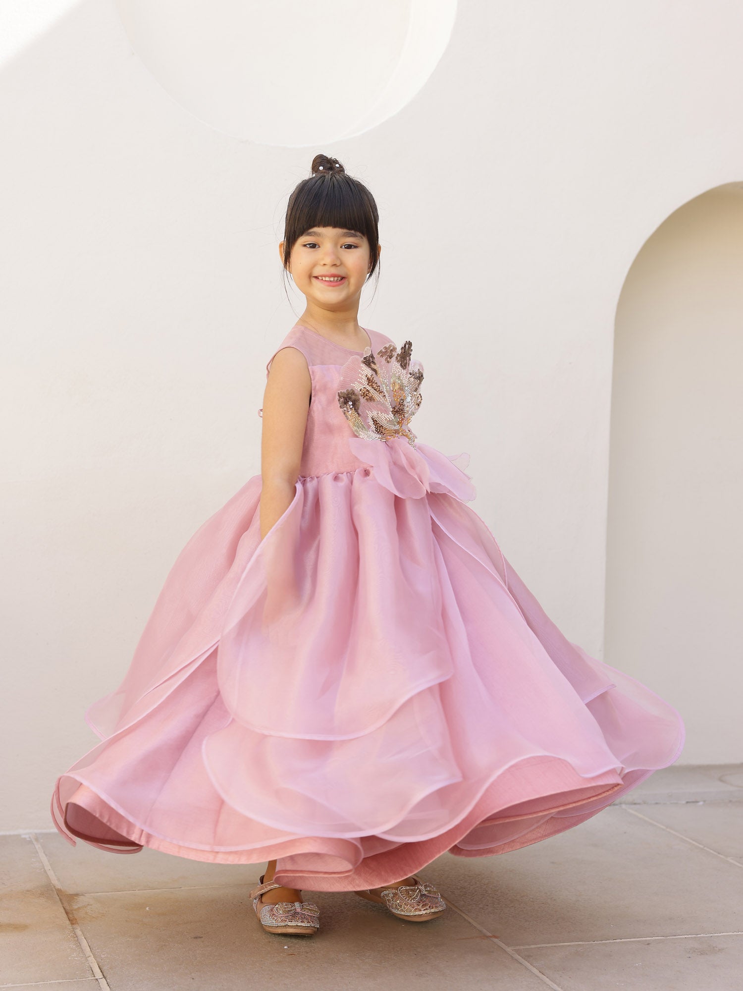 JANYAS CLOSET Amara Pink Petal Sequin Calf length Gown