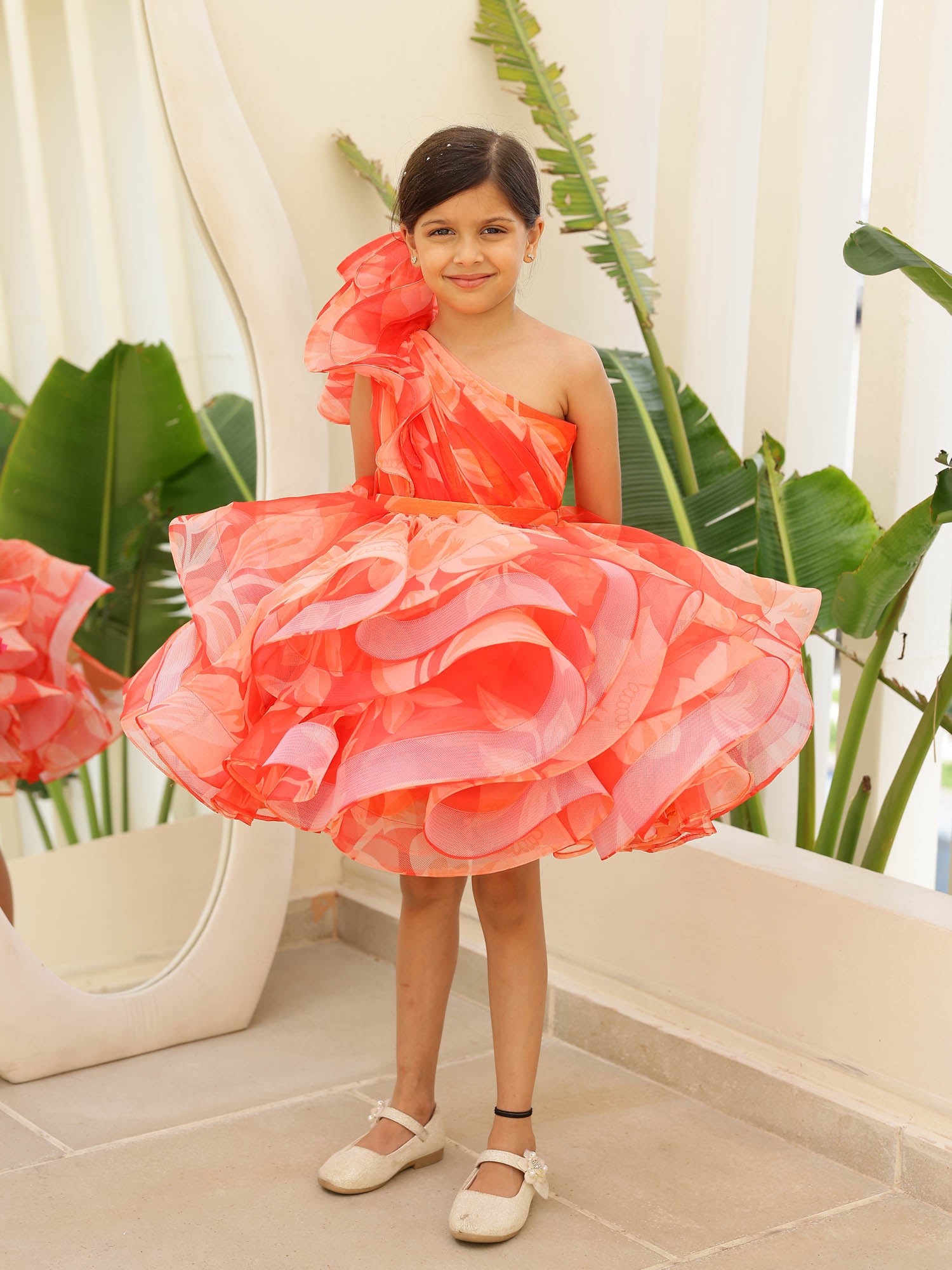 JANYAS CLOSET Orange Printed Convertible Kids Party Dress