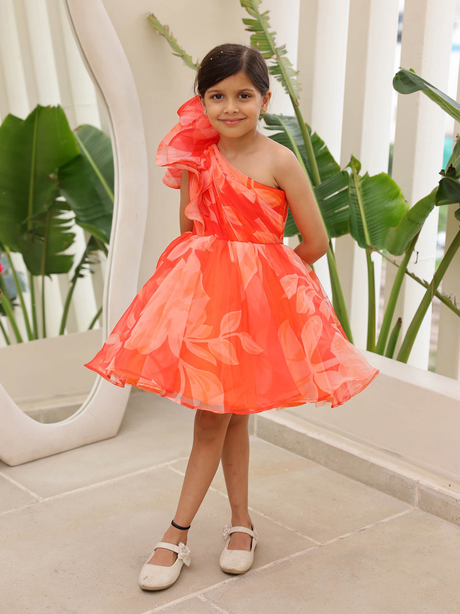JANYAS CLOSET Orange Aria One Shoulder Kids Party Dress