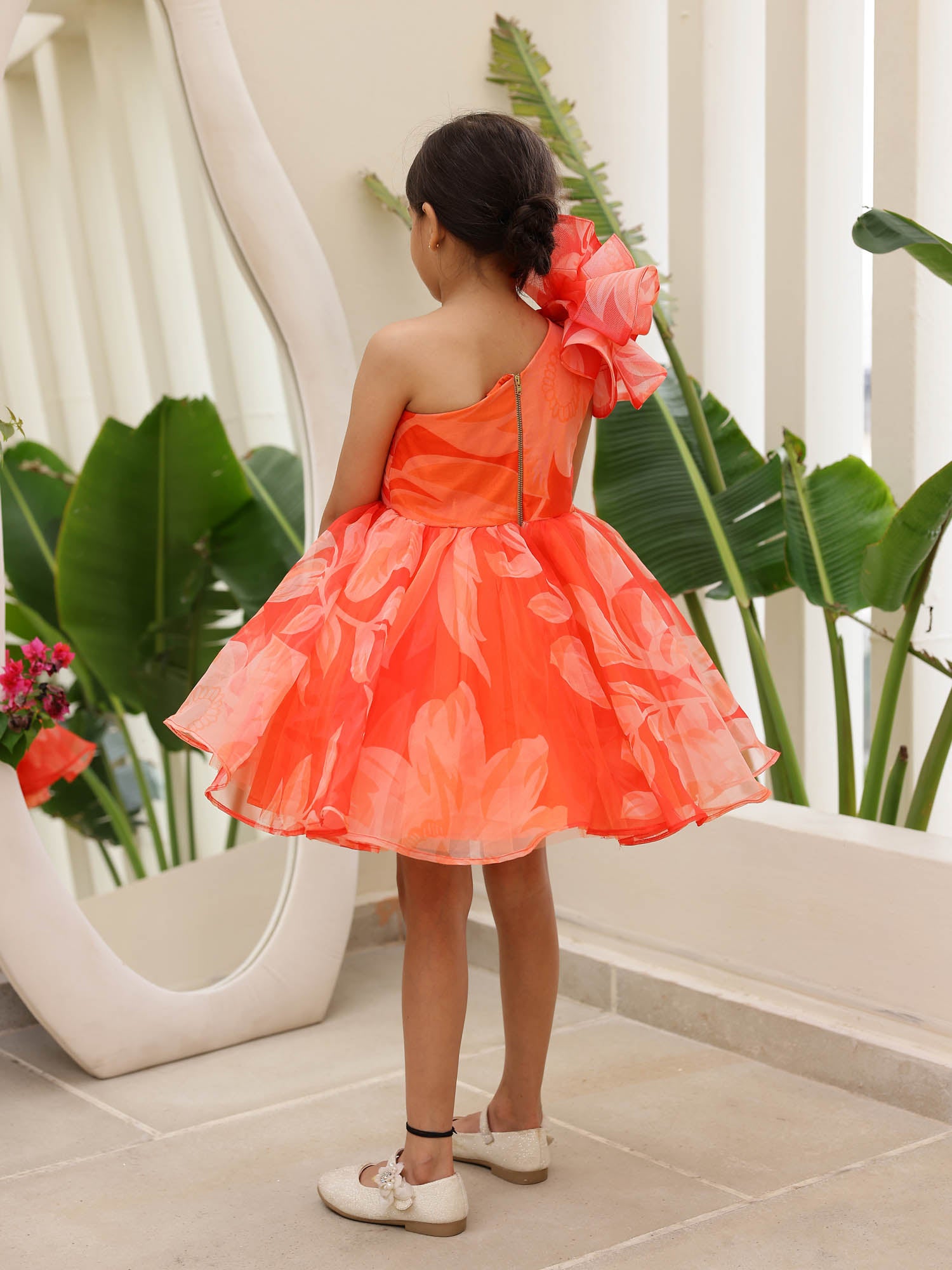 JANYAS CLOSET Orange Aria One Shoulder Kids Party Dress