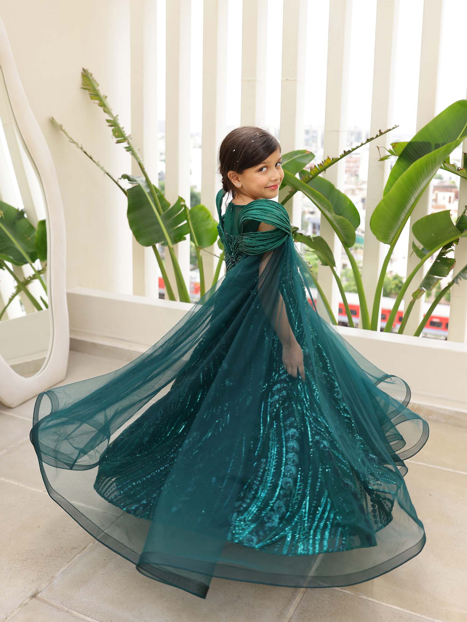 JANYAS CLOSET Mystic Green Sequin Embroidered Gown