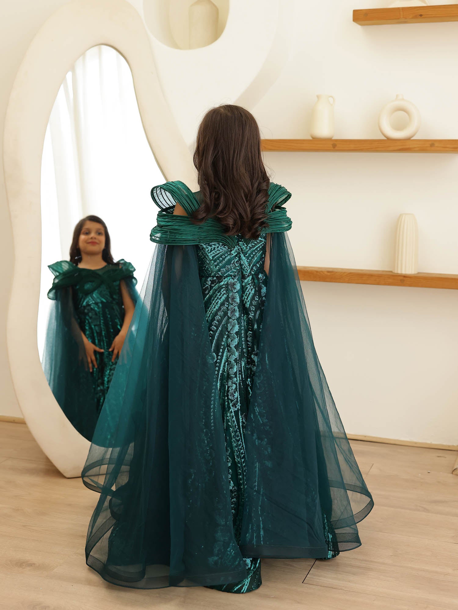 JANYAS CLOSET Mystic Green Sequin Embroidered Gown