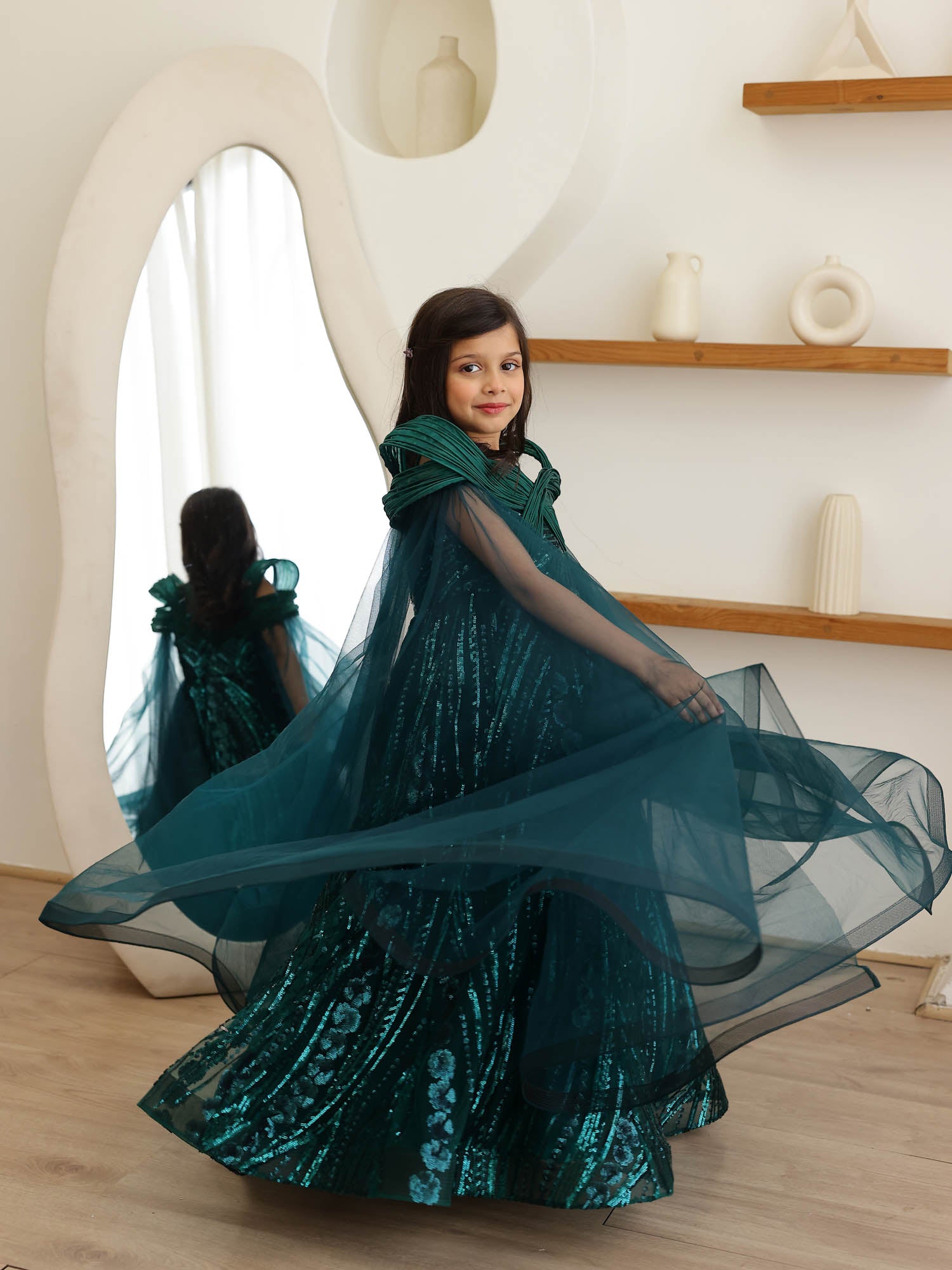 JANYAS CLOSET Mystic Green Sequin Embroidered Gown