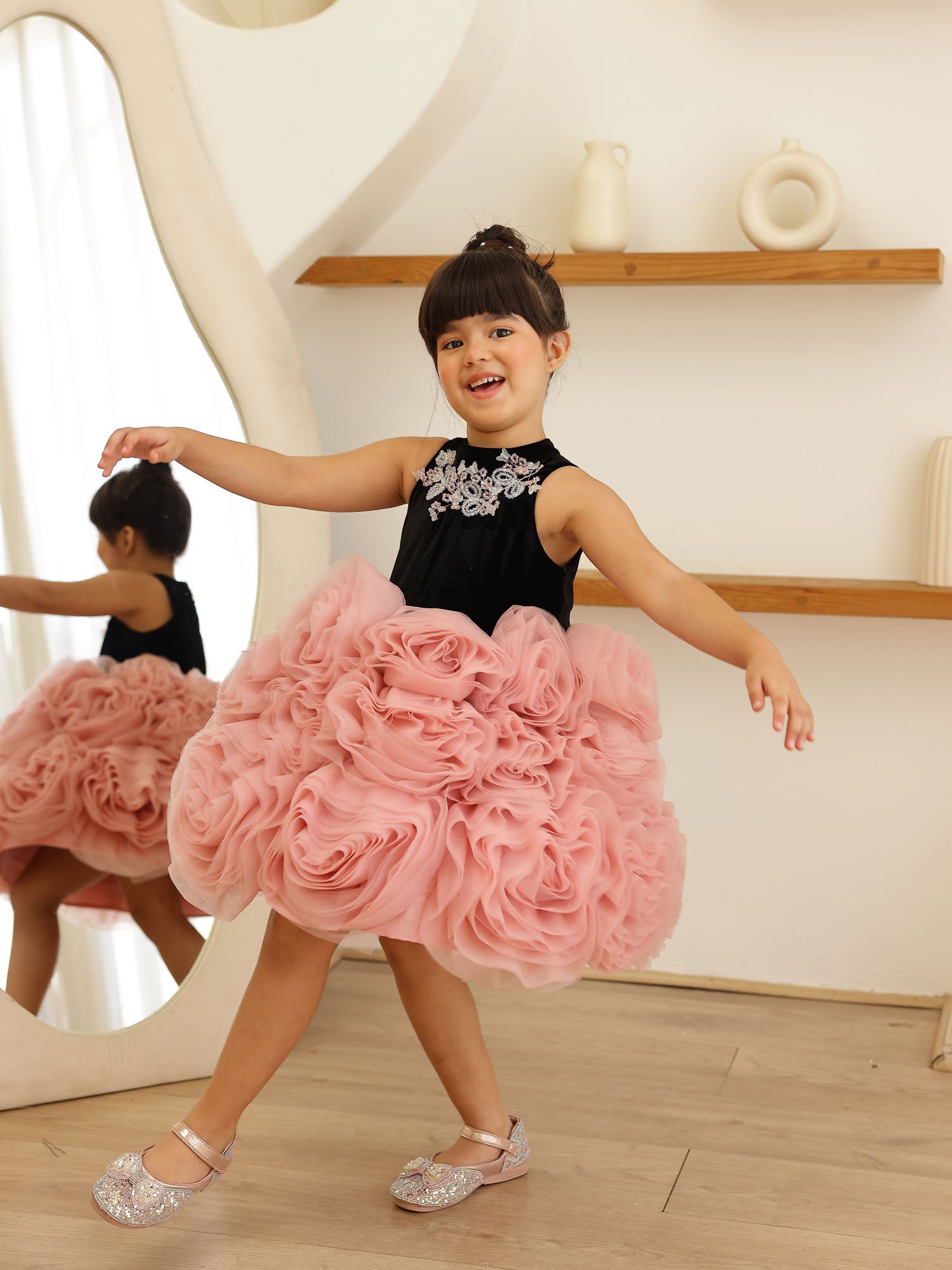 JANYAS CLOSET Velvet Blossom Rosette Party Dress for Girls