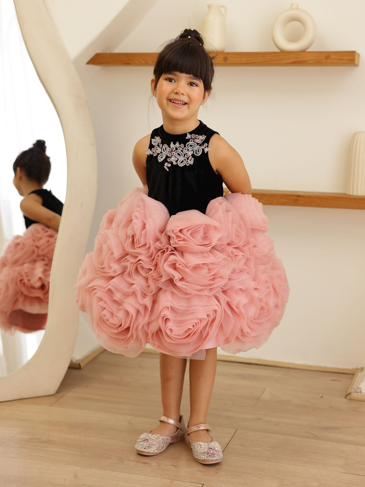 JANYAS CLOSET Velvet Blossom Rosette Party Dress for Girls