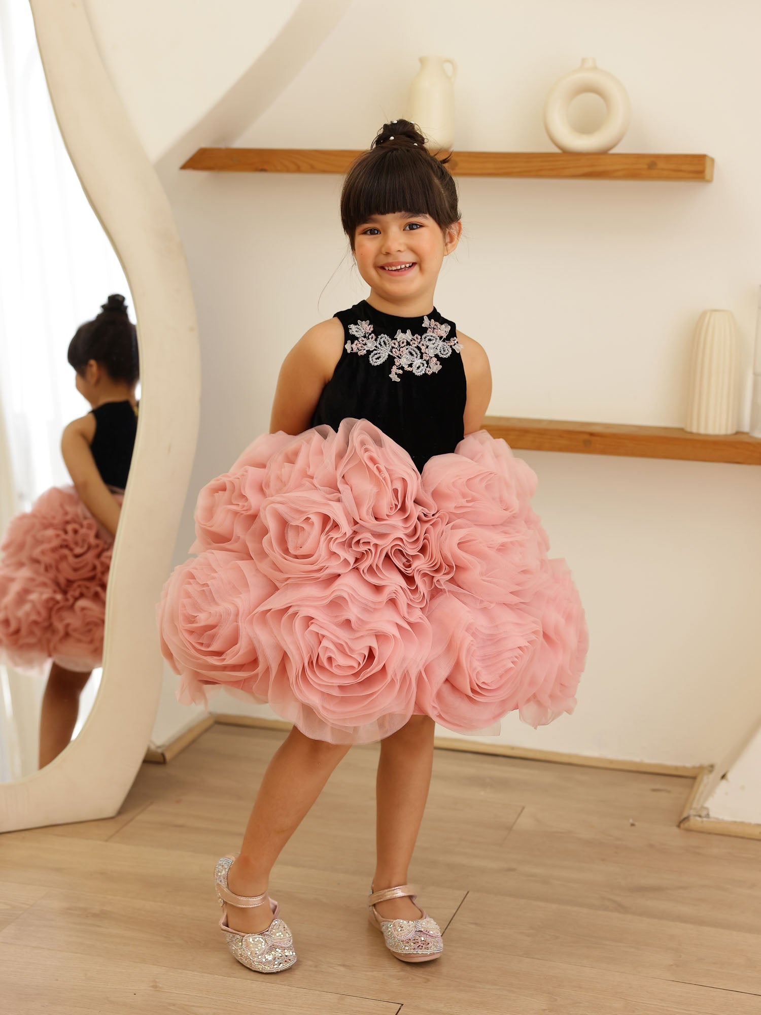 JANYAS CLOSET Velvet Blossom Rosette Party Dress for Girls