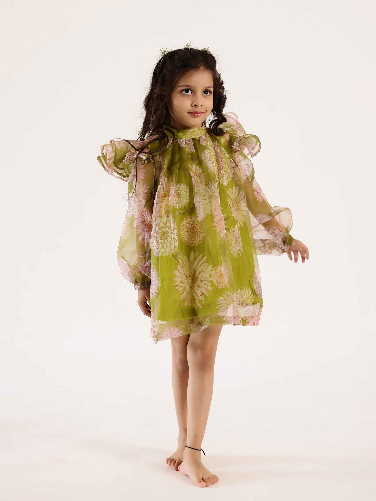 Sale Janya's Closet Tinkerbell's Green Floral Organza Dress