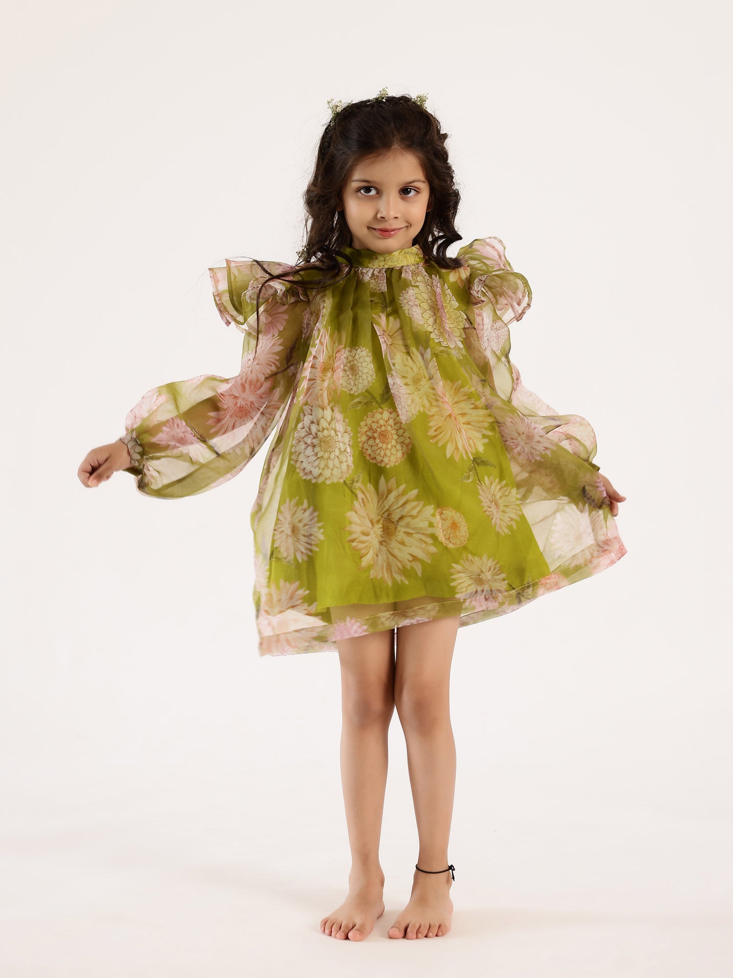 Sale Janya's Closet Tinkerbell's Green Floral Organza Dress