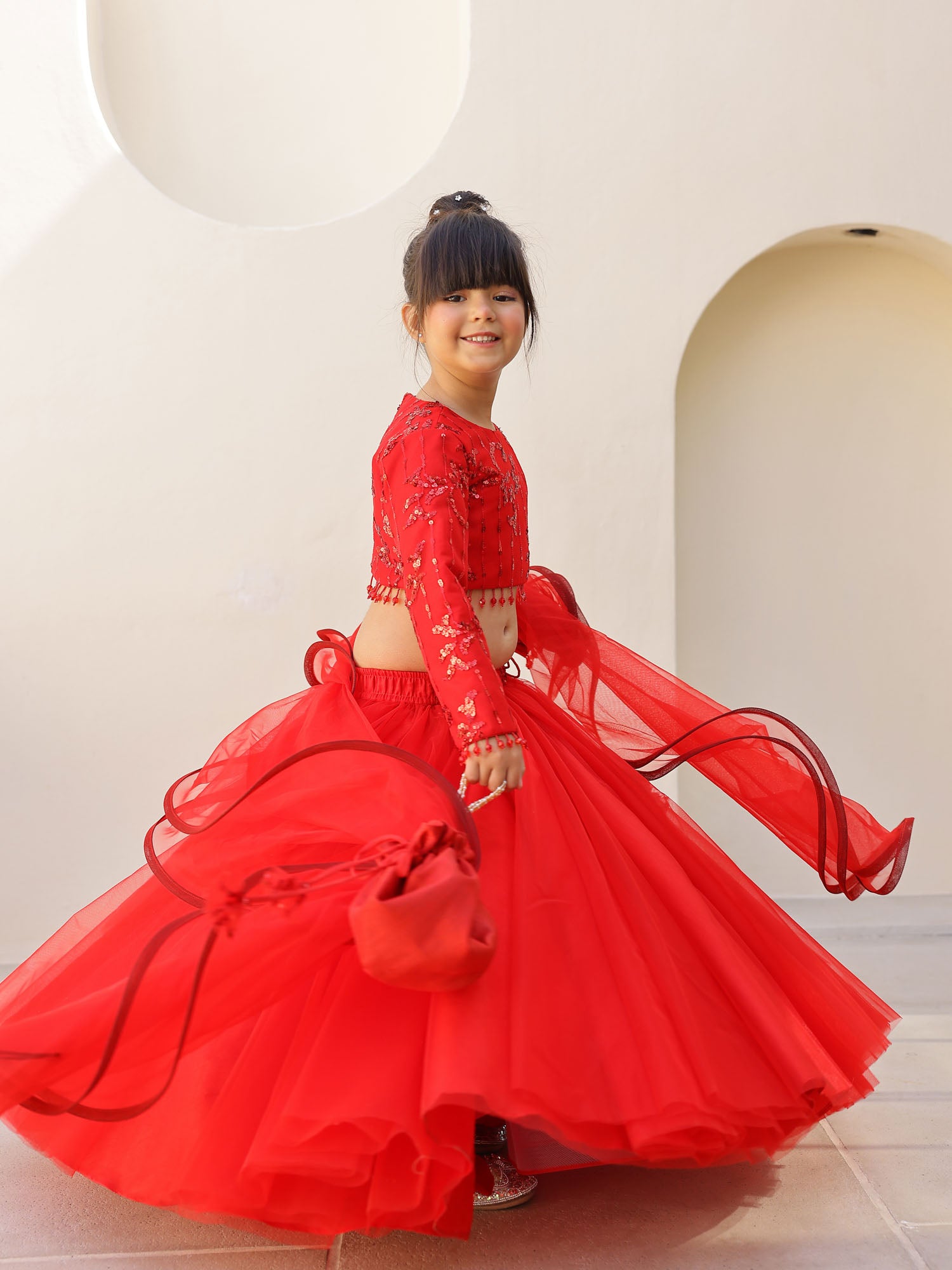 Red Embellished Top With Net Lehenga & Dupatta