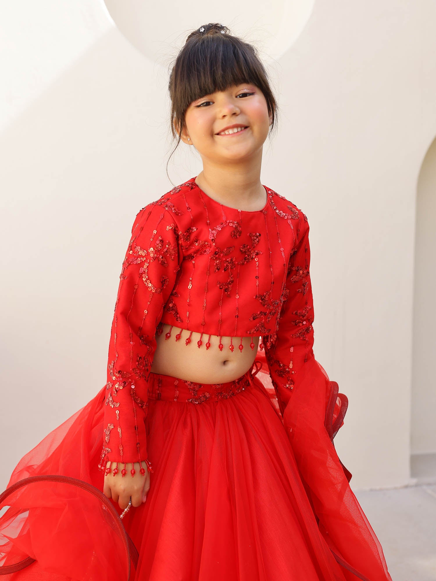 Red Embellished Top With Net Lehenga & Dupatta