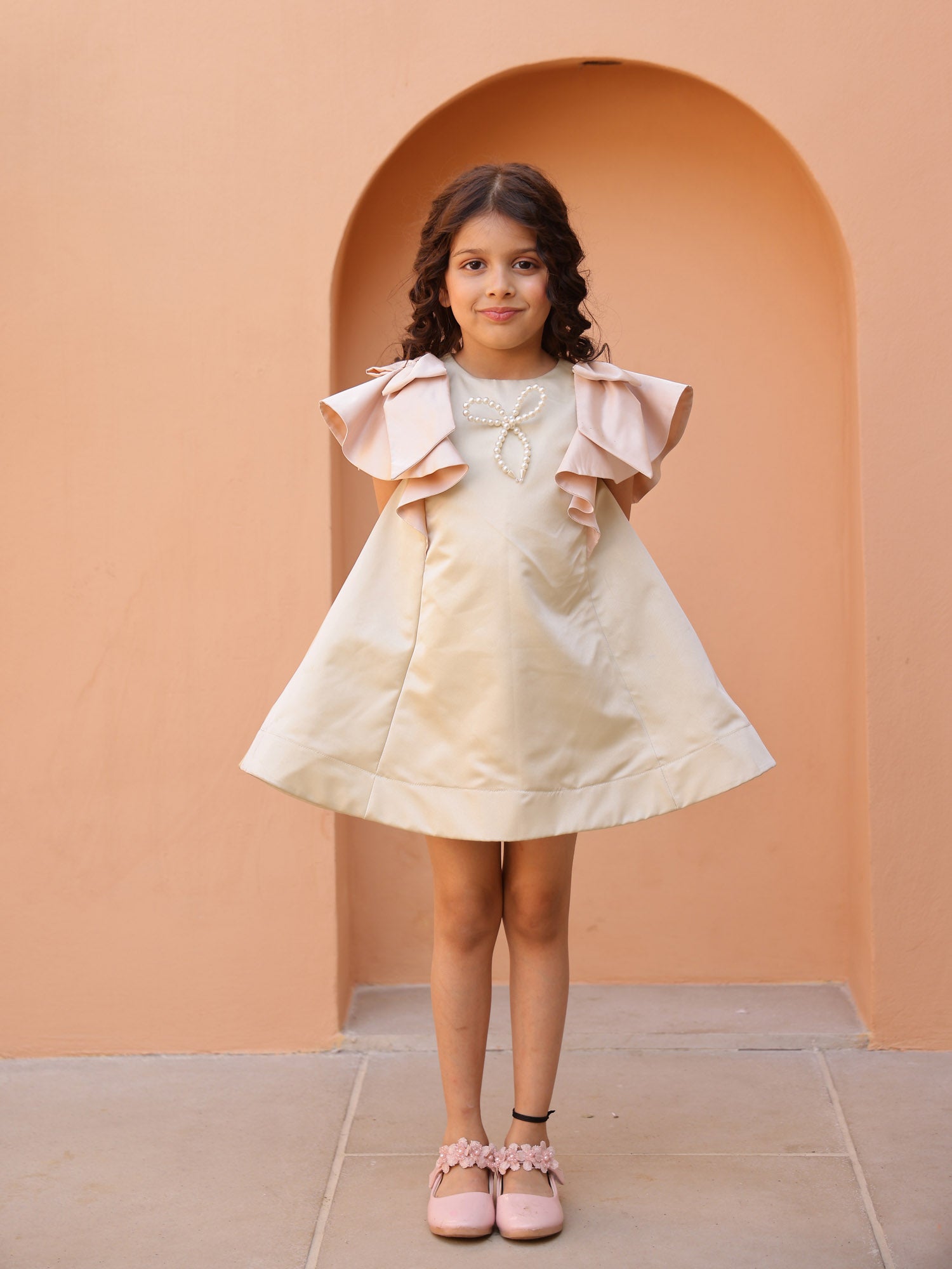 Janyas Closet : Moon Mist Satin Silk A-Line Dress with Infinity Bow