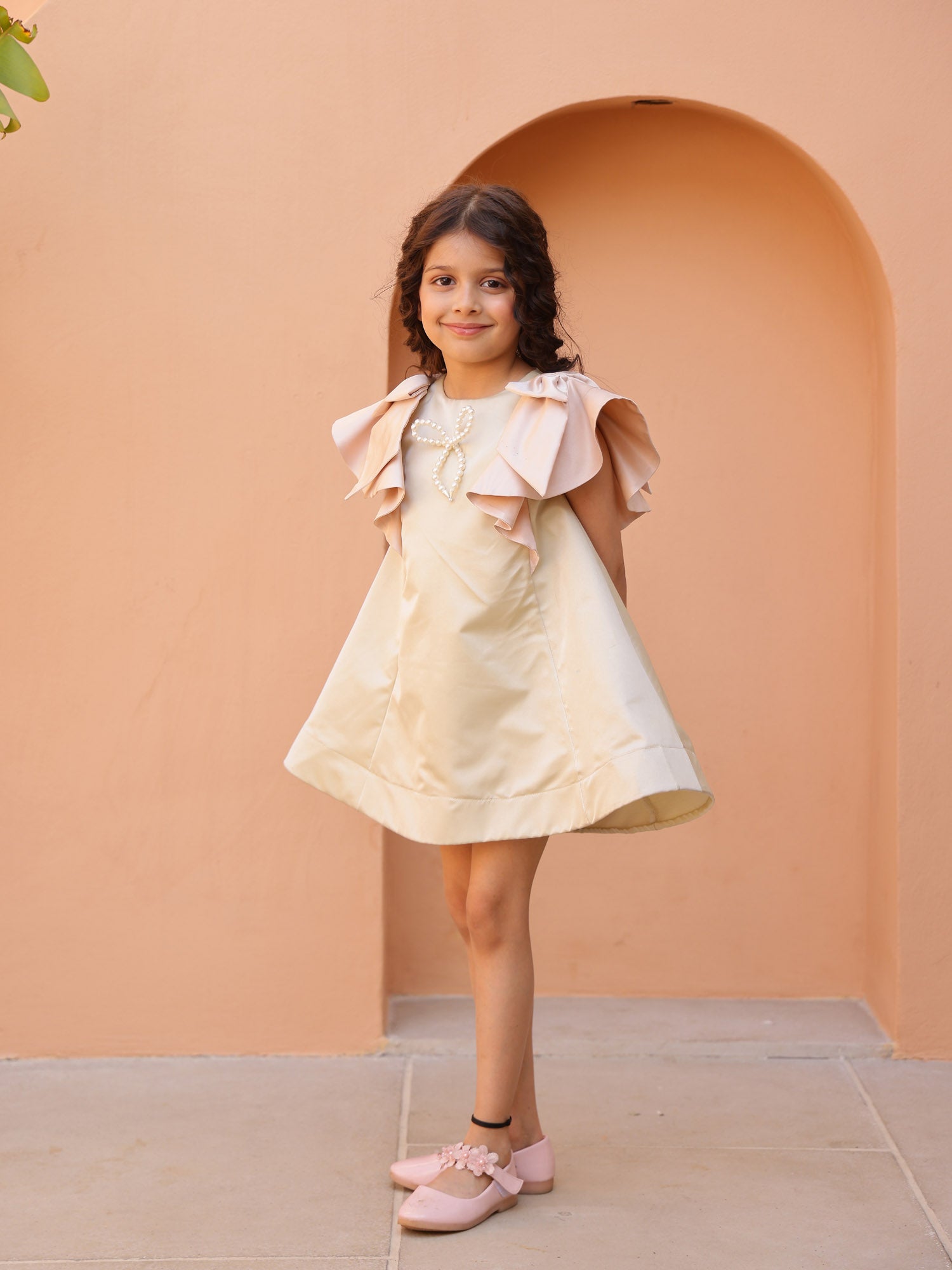 Janyas Closet : Moon Mist Satin Silk A-Line Dress with Infinity Bow