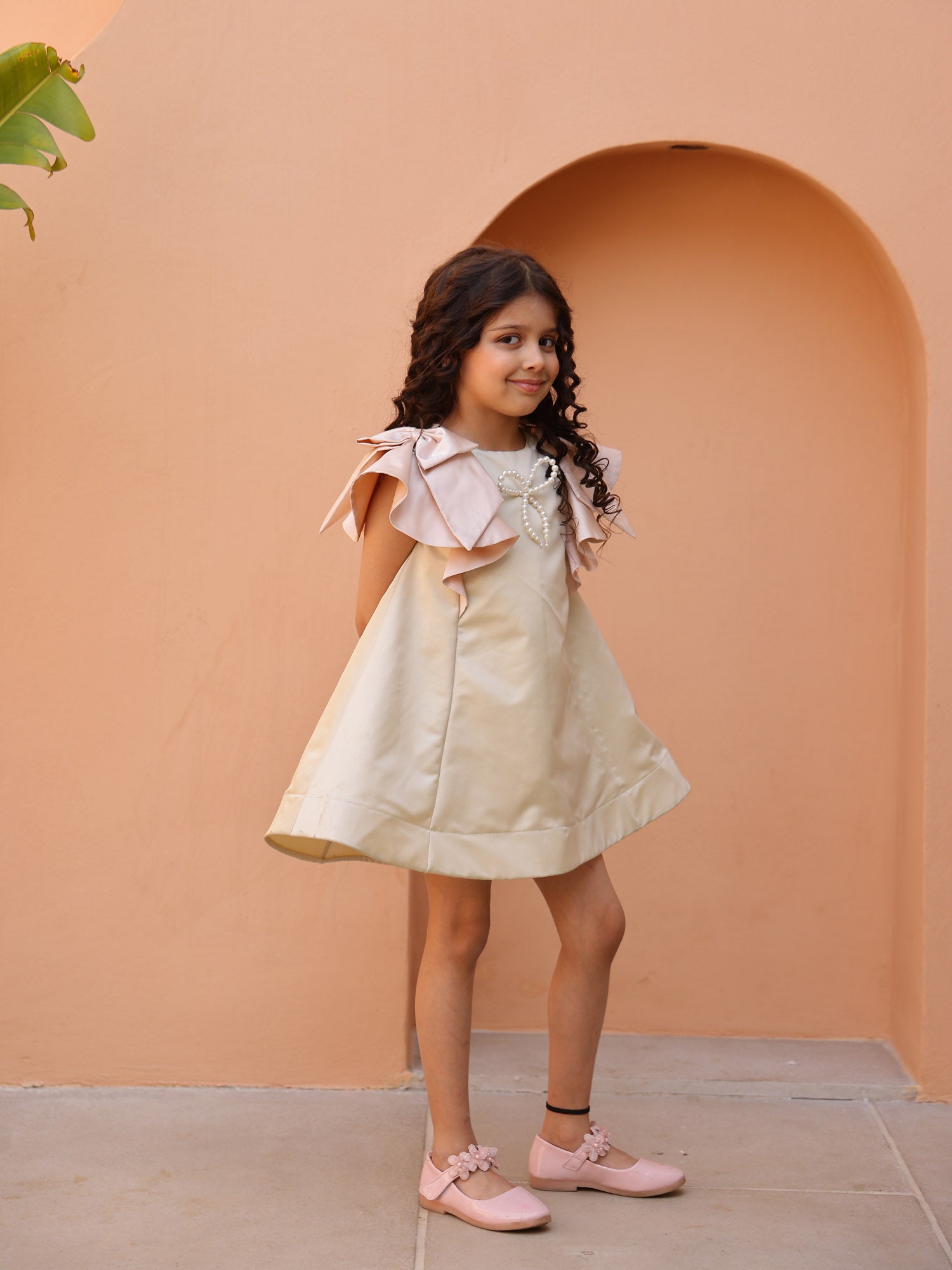 Janyas Closet : Moon Mist Satin Silk A-Line Dress with Infinity Bow