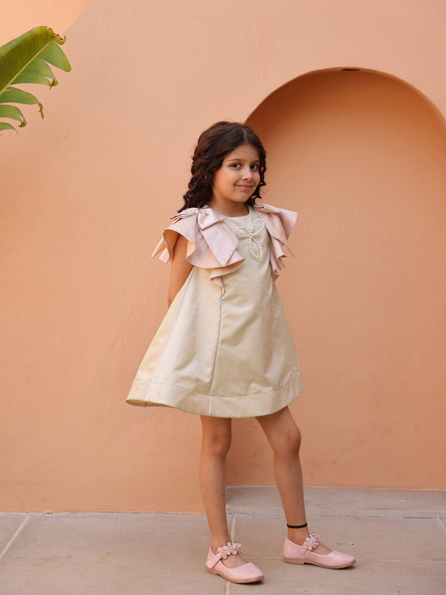 Janyas Closet : Moon Mist Satin Silk A-Line Dress with Infinity Bow
