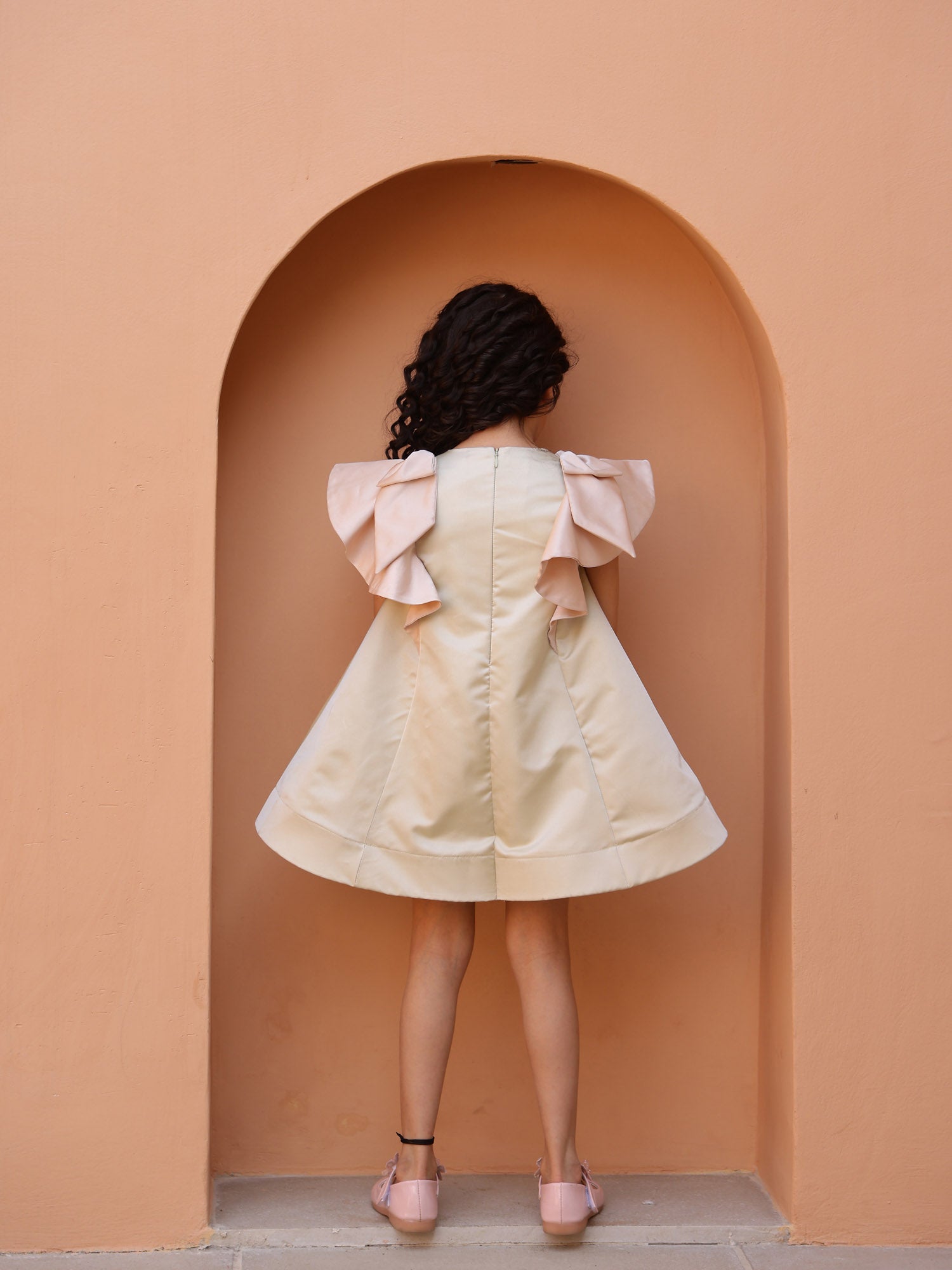 Janyas Closet : Moon Mist Satin Silk A-Line Dress with Infinity Bow