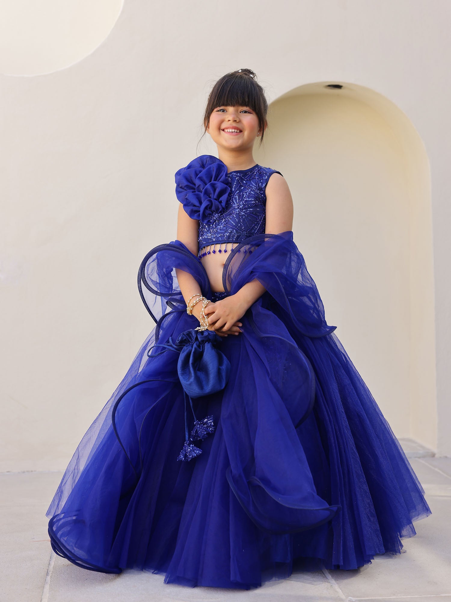 JANYAS CLOSET Royal Blue Perl Sequin Lehenga Set for Girls