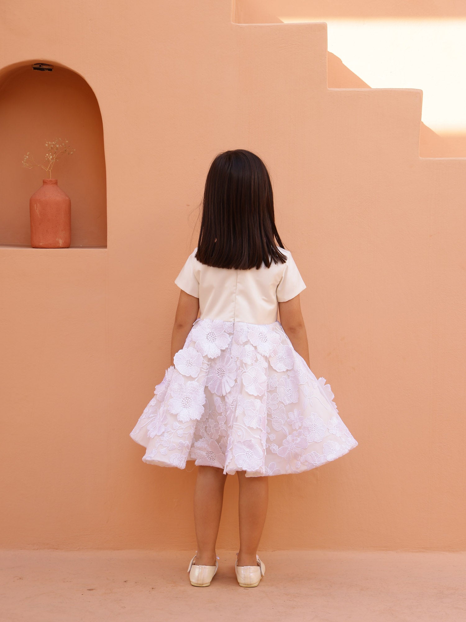 SAMPLE JANYAS CLOSET Off White Princess Grace 3D Flower Satin Dress