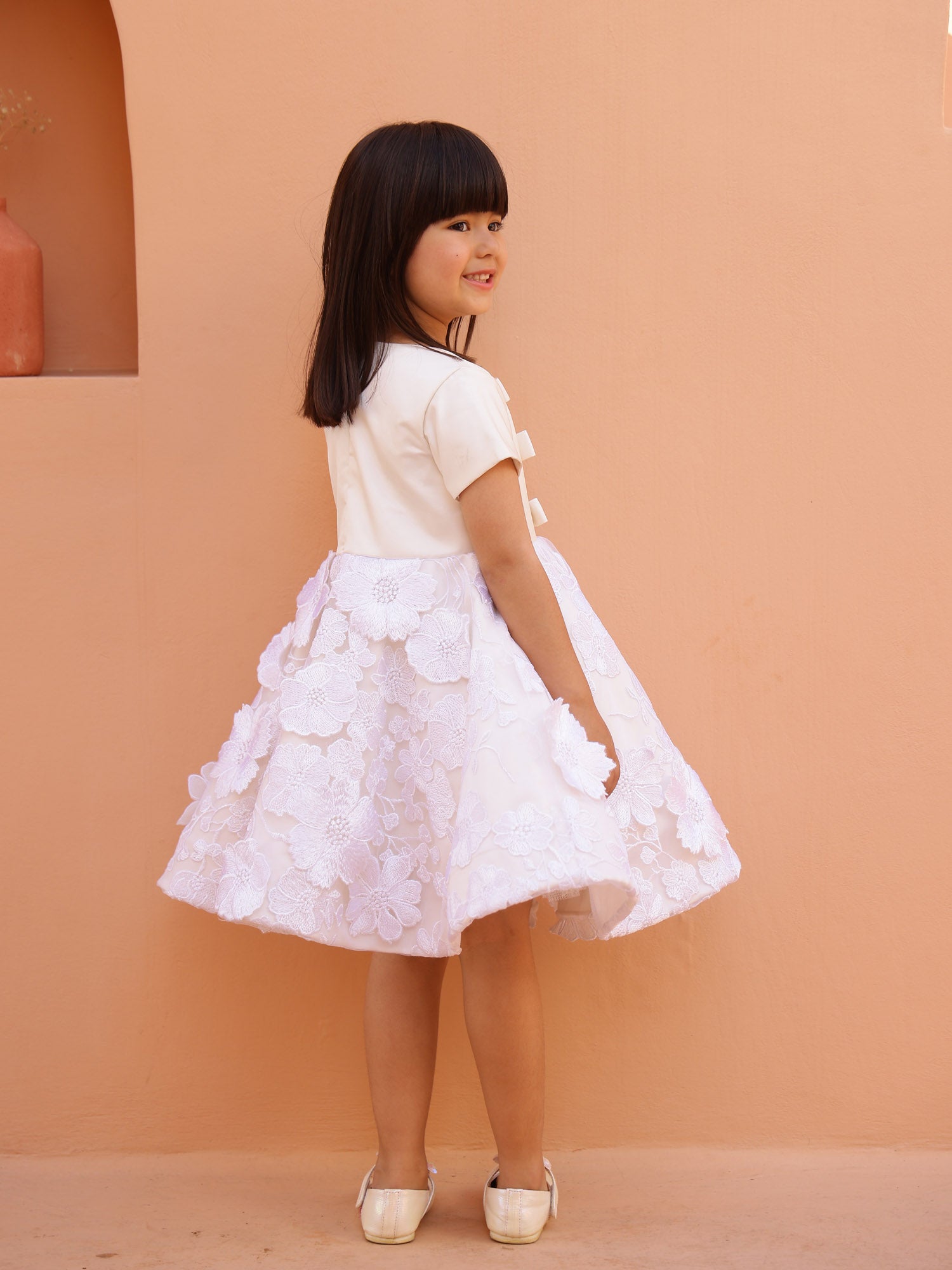 SAMPLE JANYAS CLOSET Off White Princess Grace 3D Flower Satin Dress