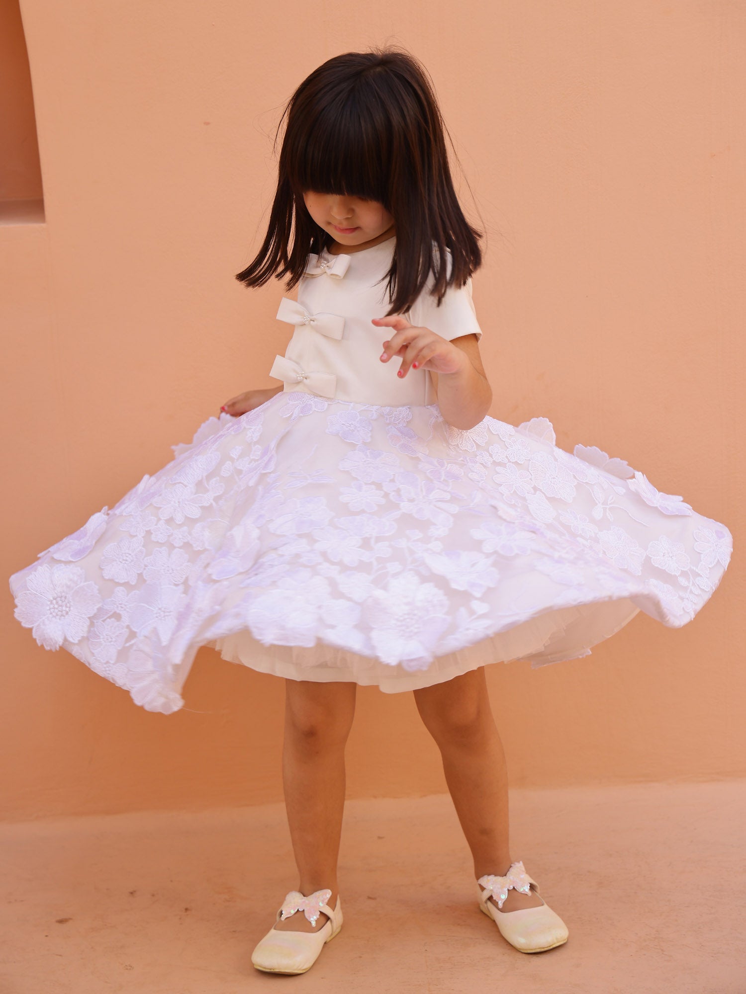 SAMPLE JANYAS CLOSET Off White Princess Grace 3D Flower Satin Dress