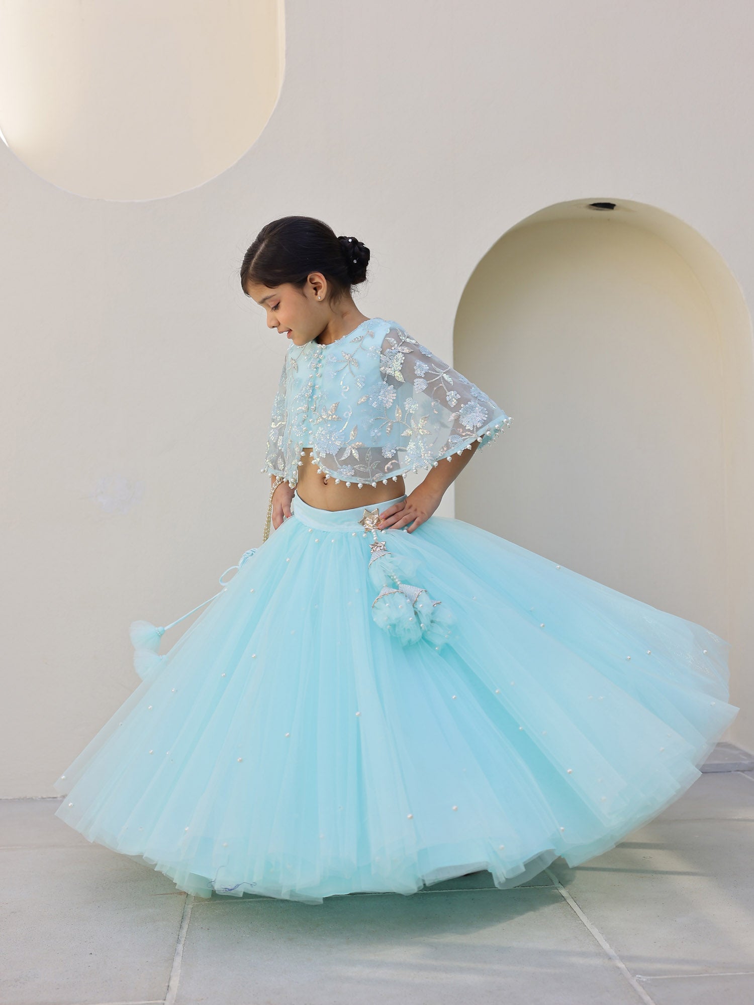 JANYAS CLOSET Ocean Mist Embellished Cape Lehenga for girls