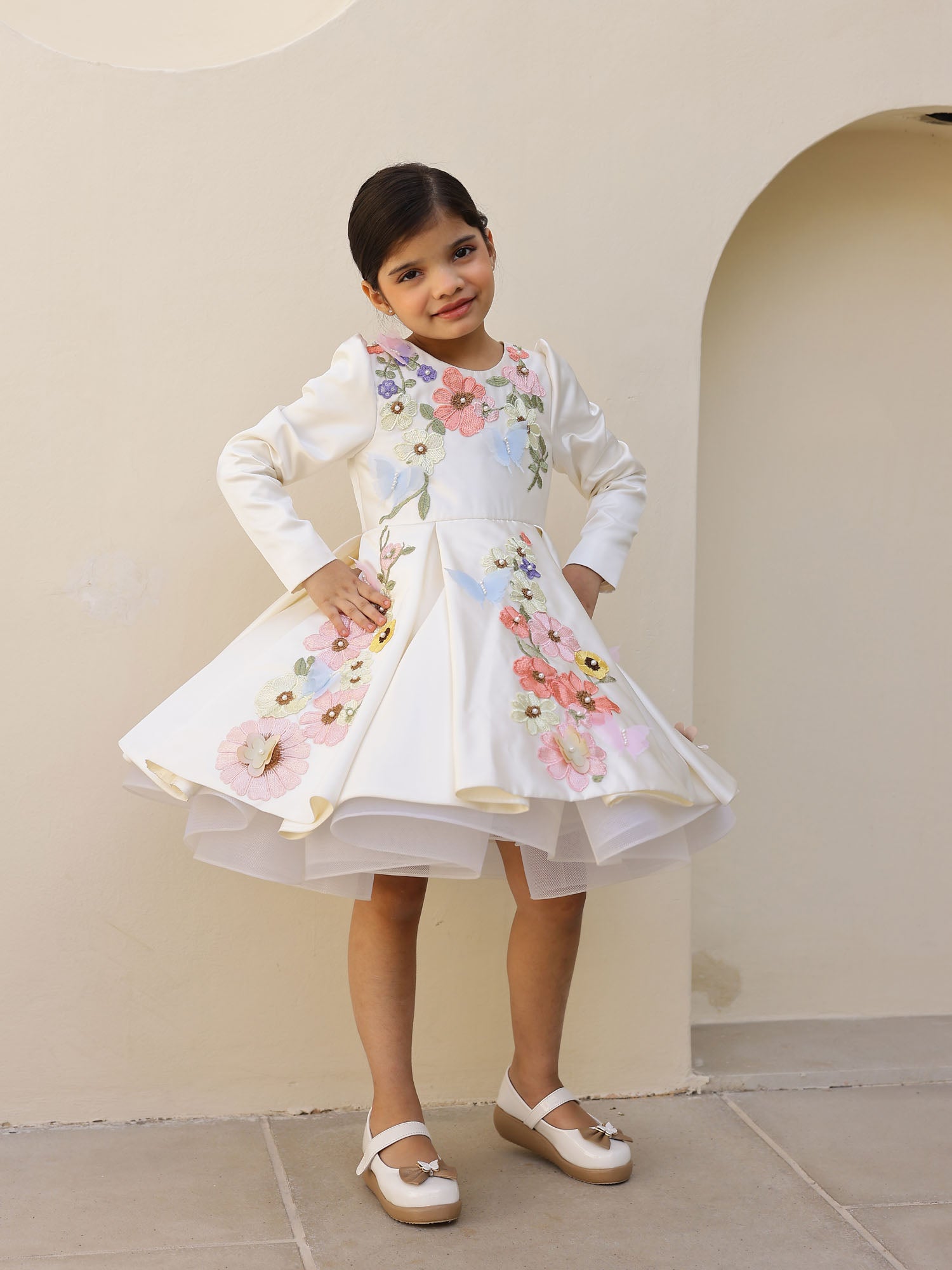 JANYAS CLOSET Off White Satin Dream Flower Dress With Sleeves