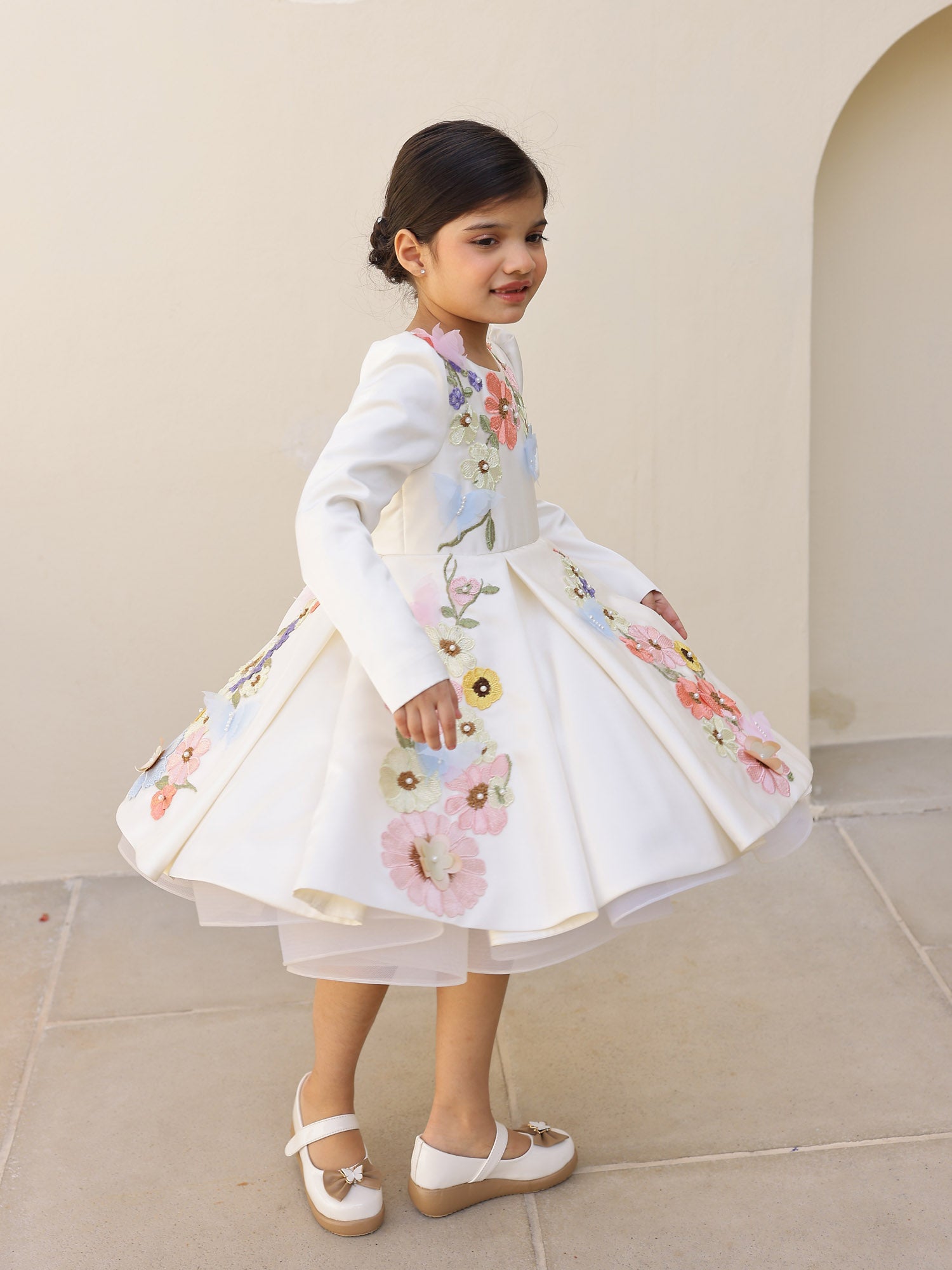 JANYAS CLOSET Off White Satin Dream Flower Dress With Sleeves