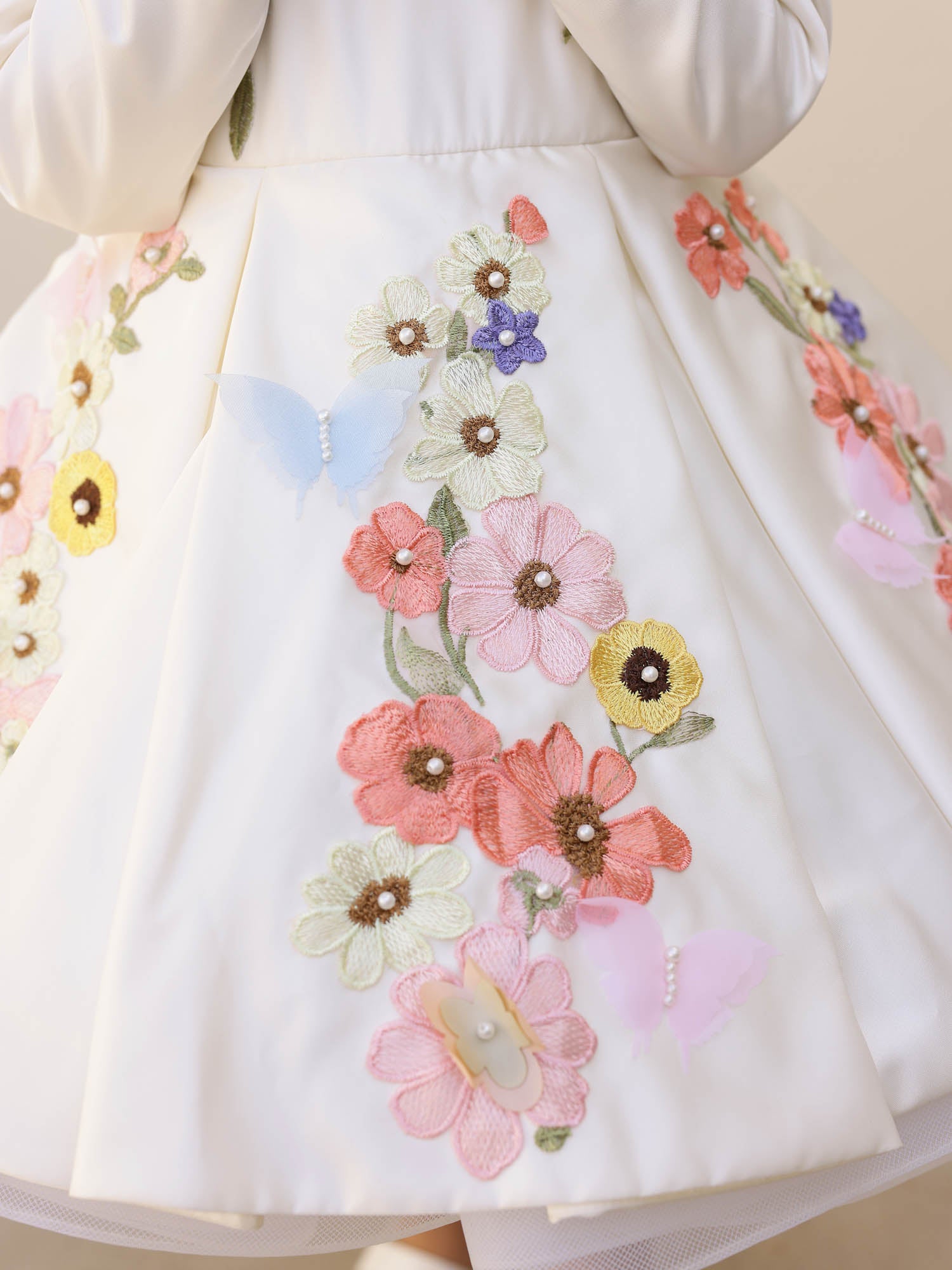JANYAS CLOSET Off White Satin Dream Flower Dress With Sleeves