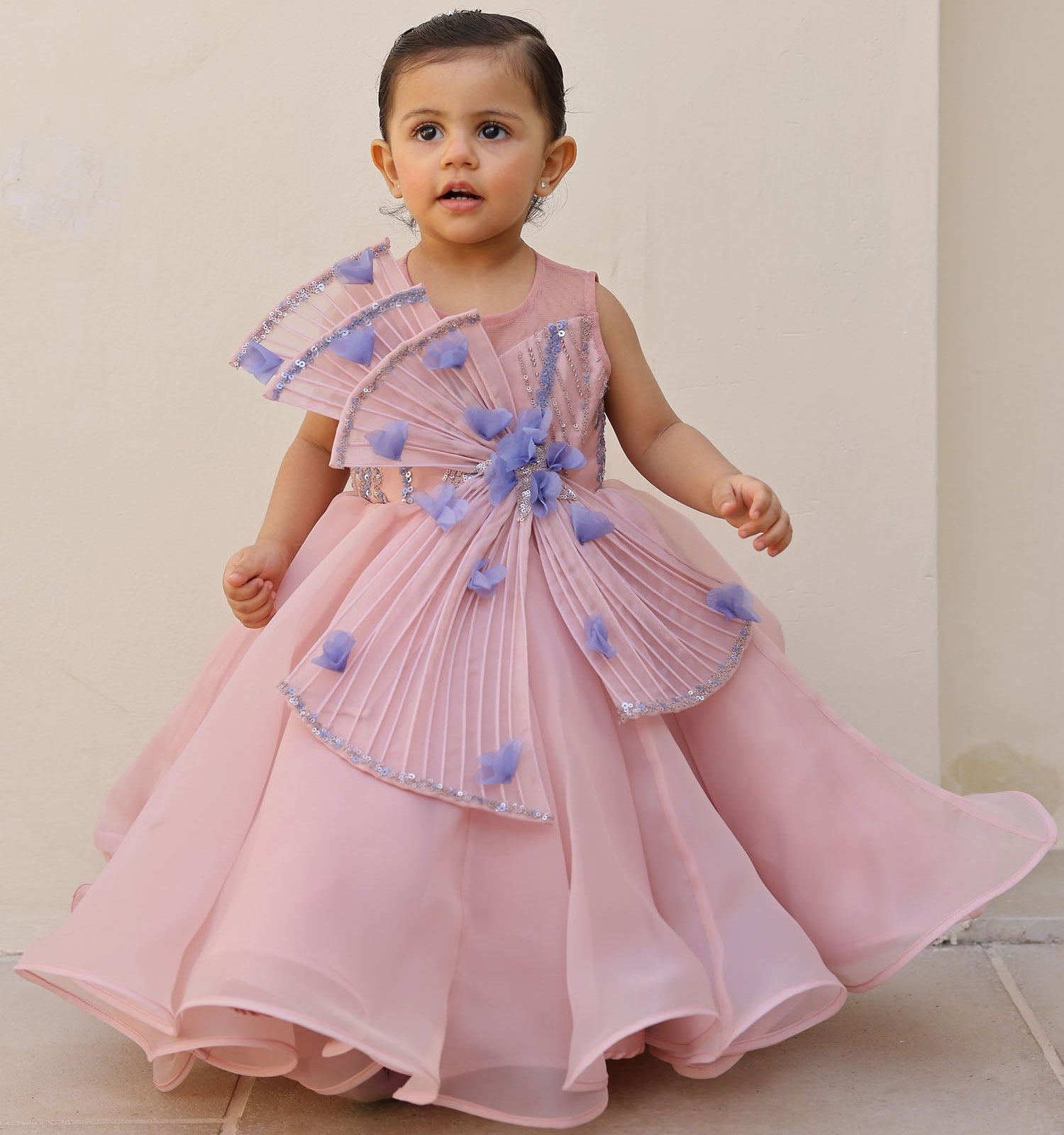 Pink organza gown with wired draped neckline