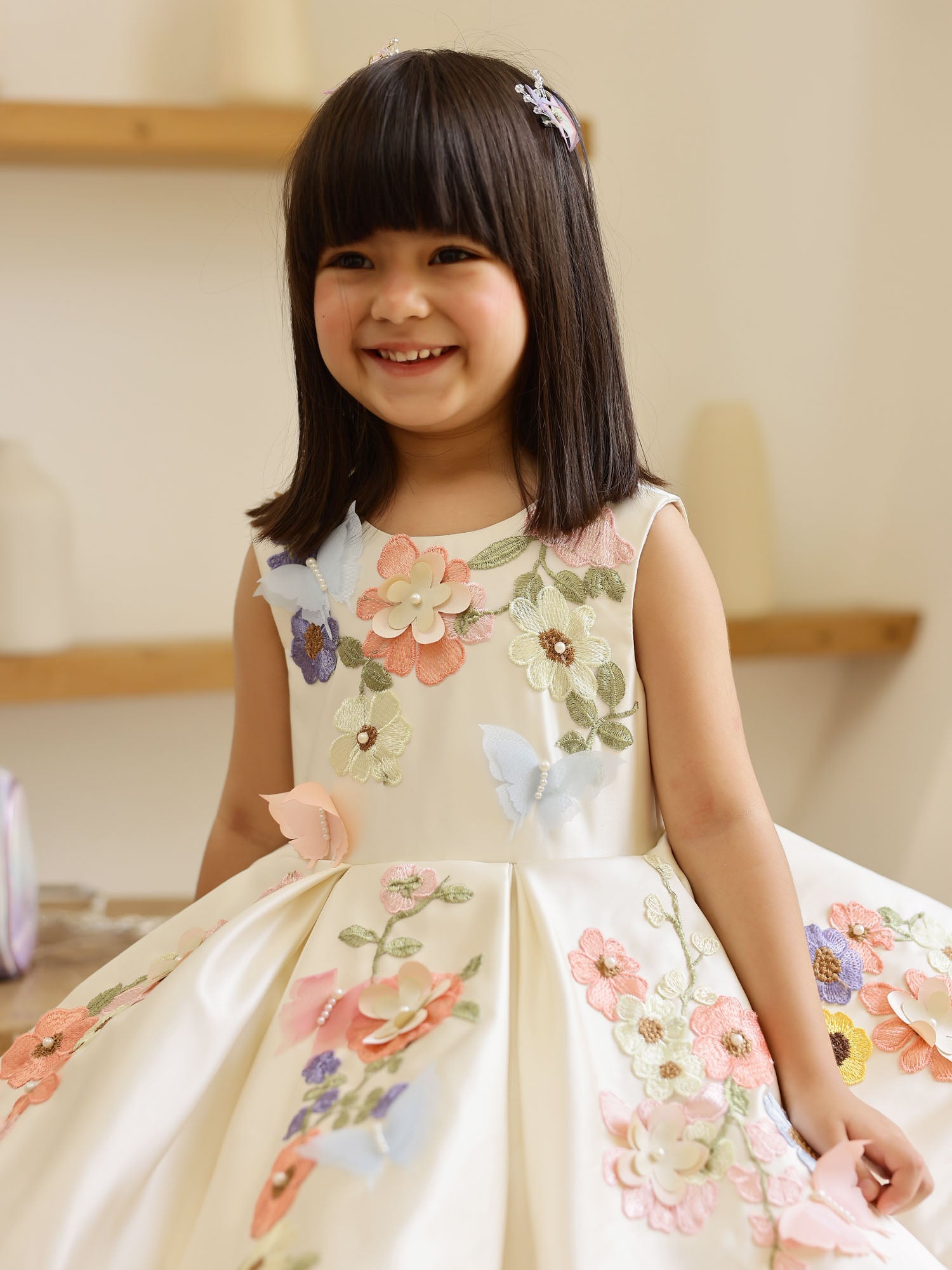 JANYAS CLOSET Off White Satin Dream Flower Dress