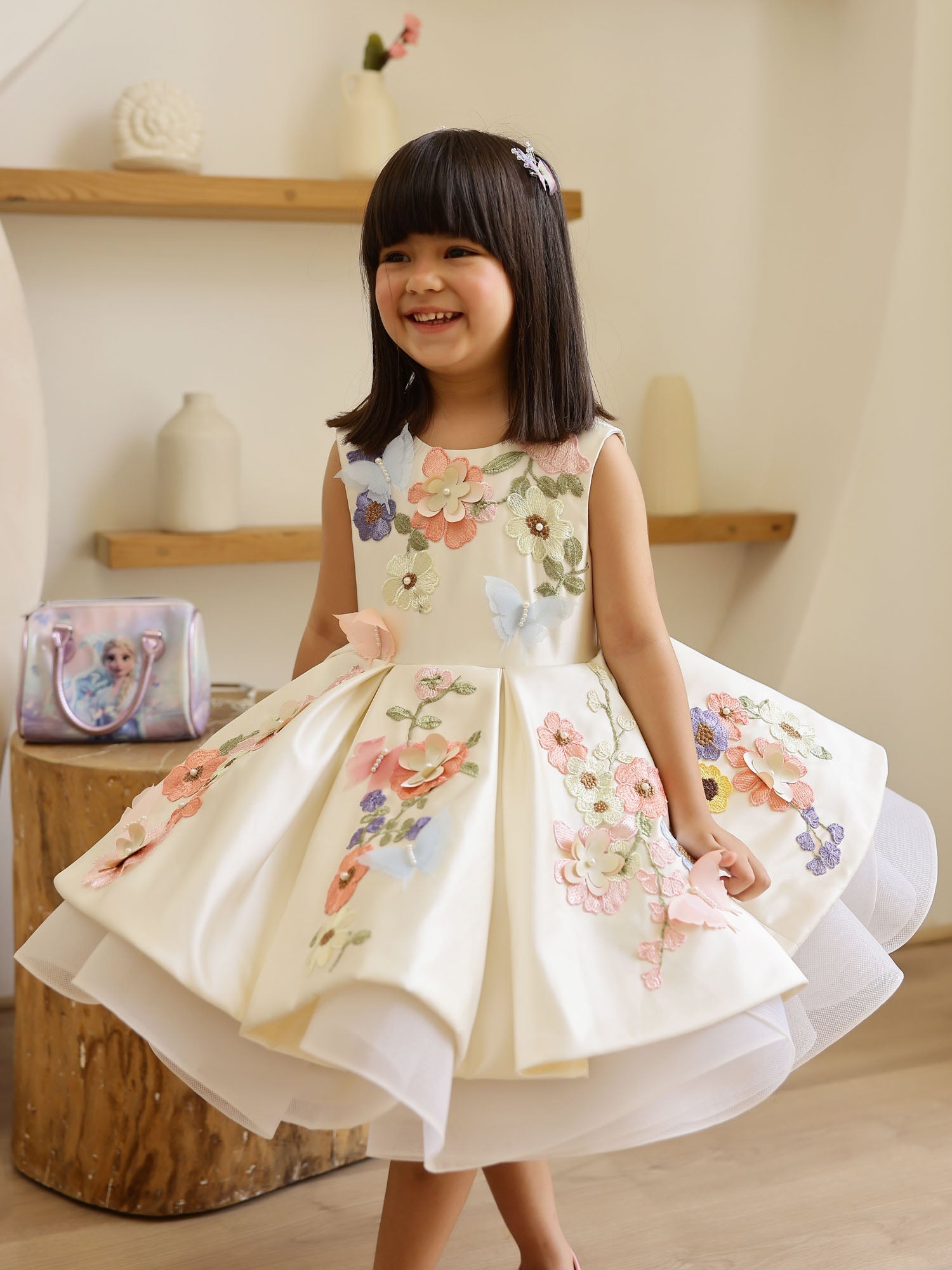 JANYAS CLOSET Off White Satin Dream Flower Dress