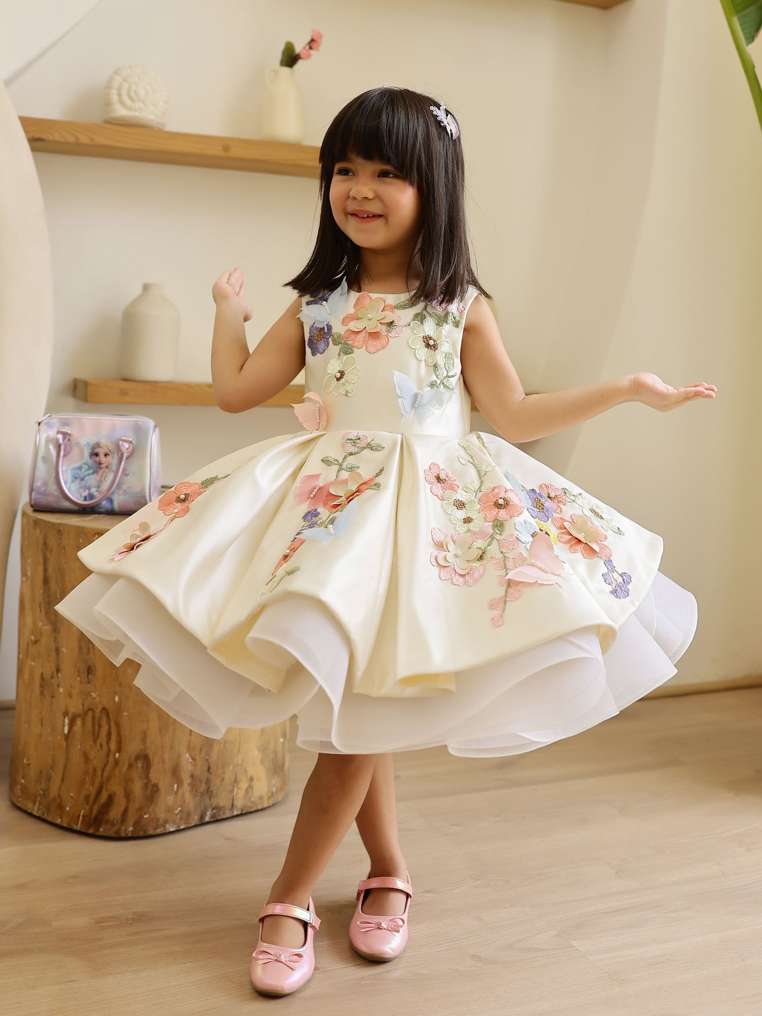 JANYAS CLOSET Off White Satin Dream Flower Dress