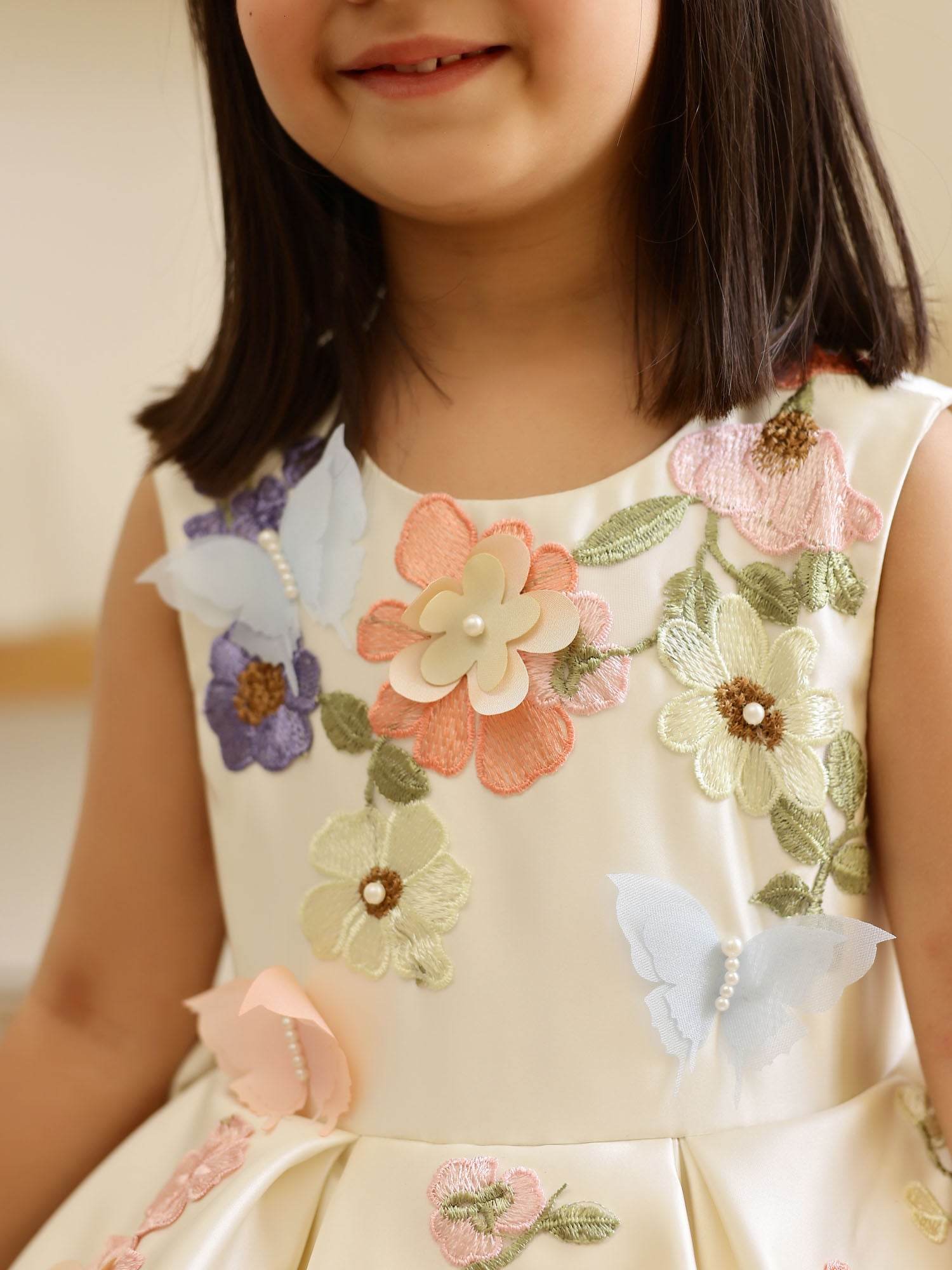 JANYAS CLOSET Off White Satin Dream Flower Dress