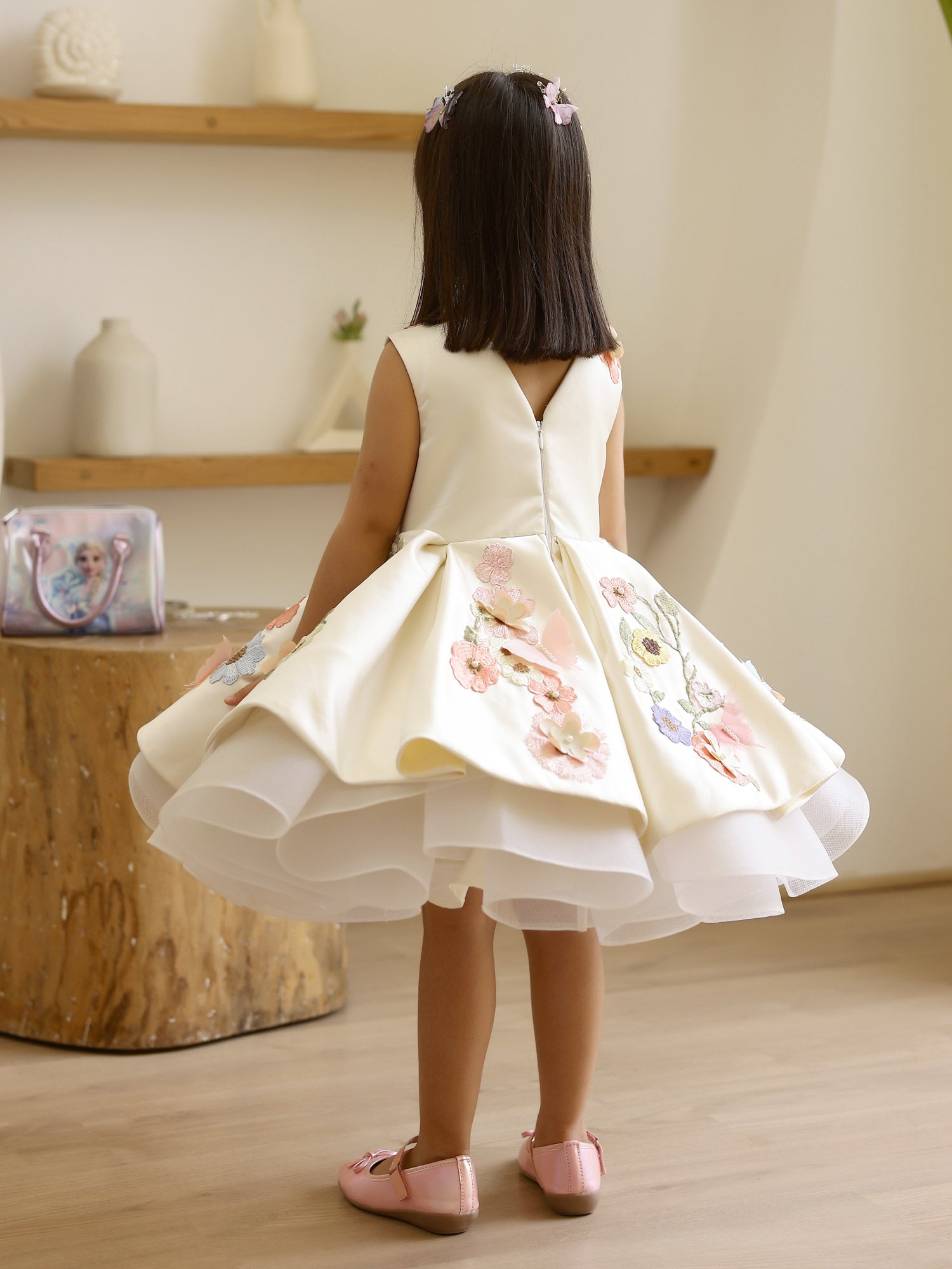 JANYAS CLOSET Off White Satin Dream Flower Dress