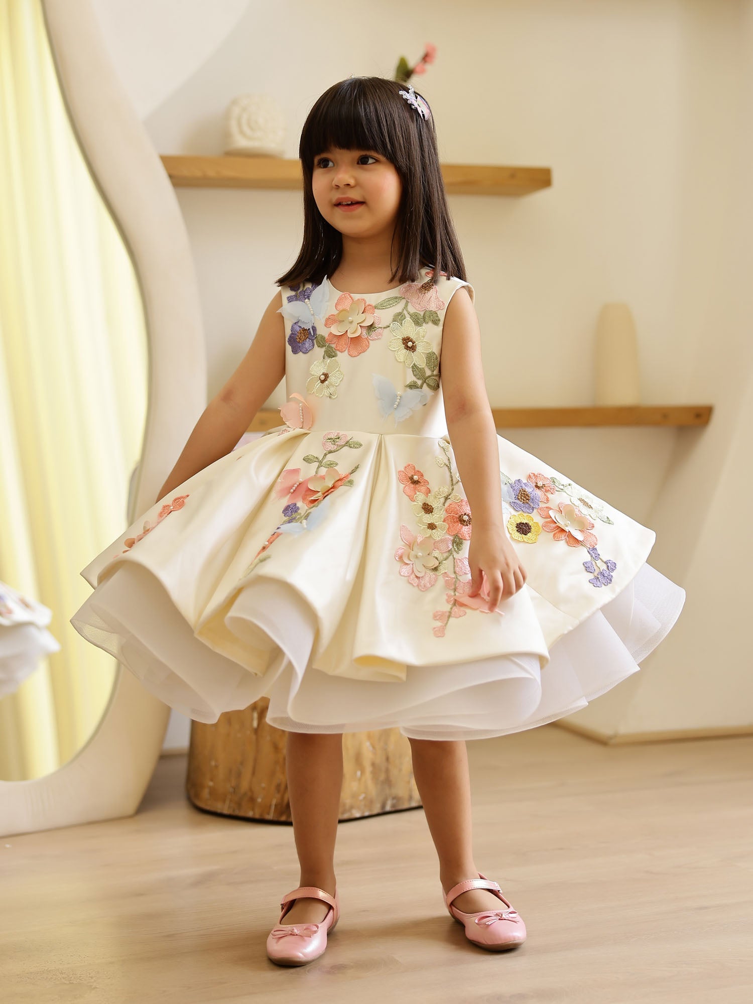 JANYAS CLOSET Off White Satin Dream Flower Dress