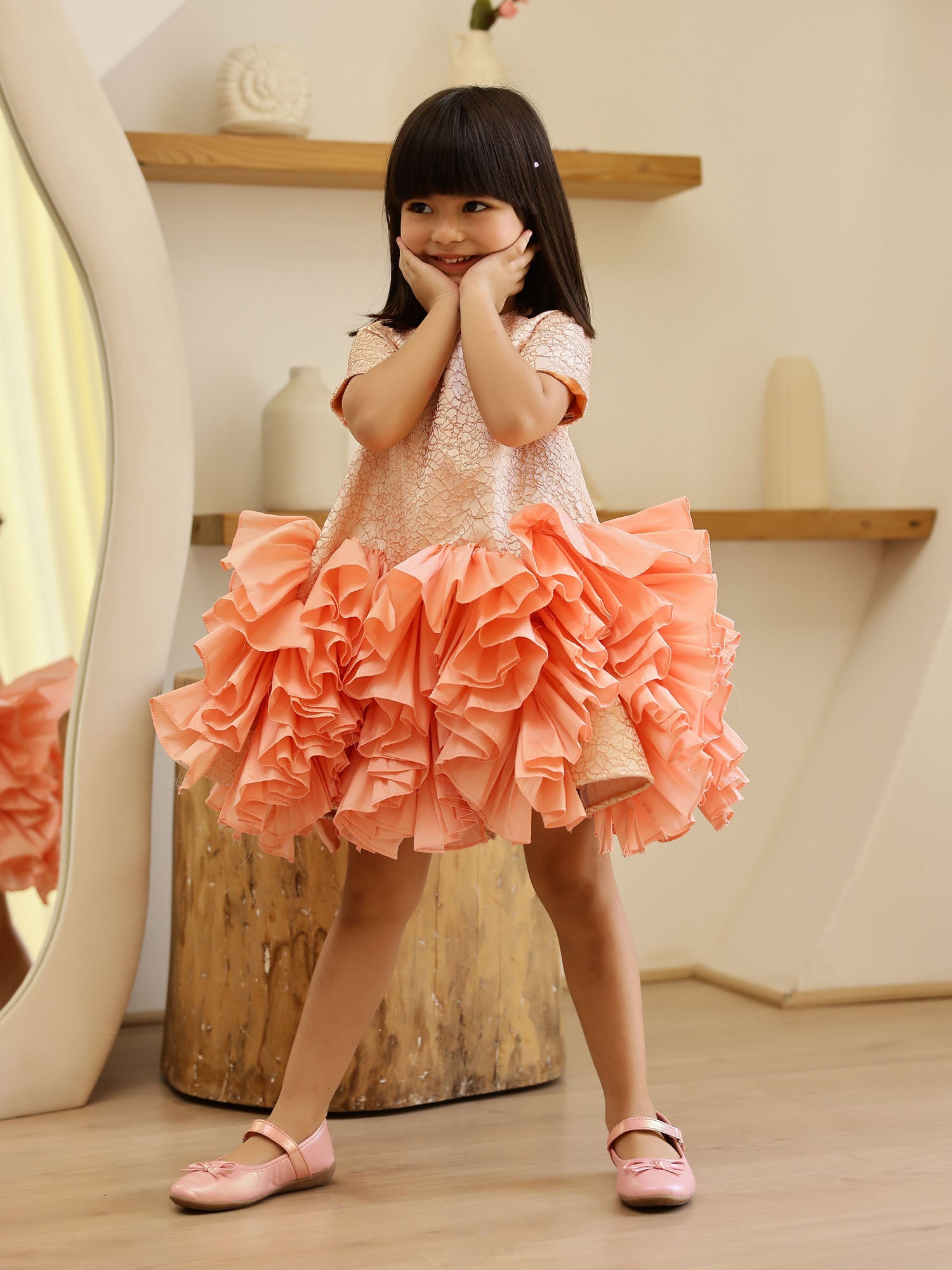 Sale JANYAS CLOSET Peachy Princess Jacquard Ruffle Dress