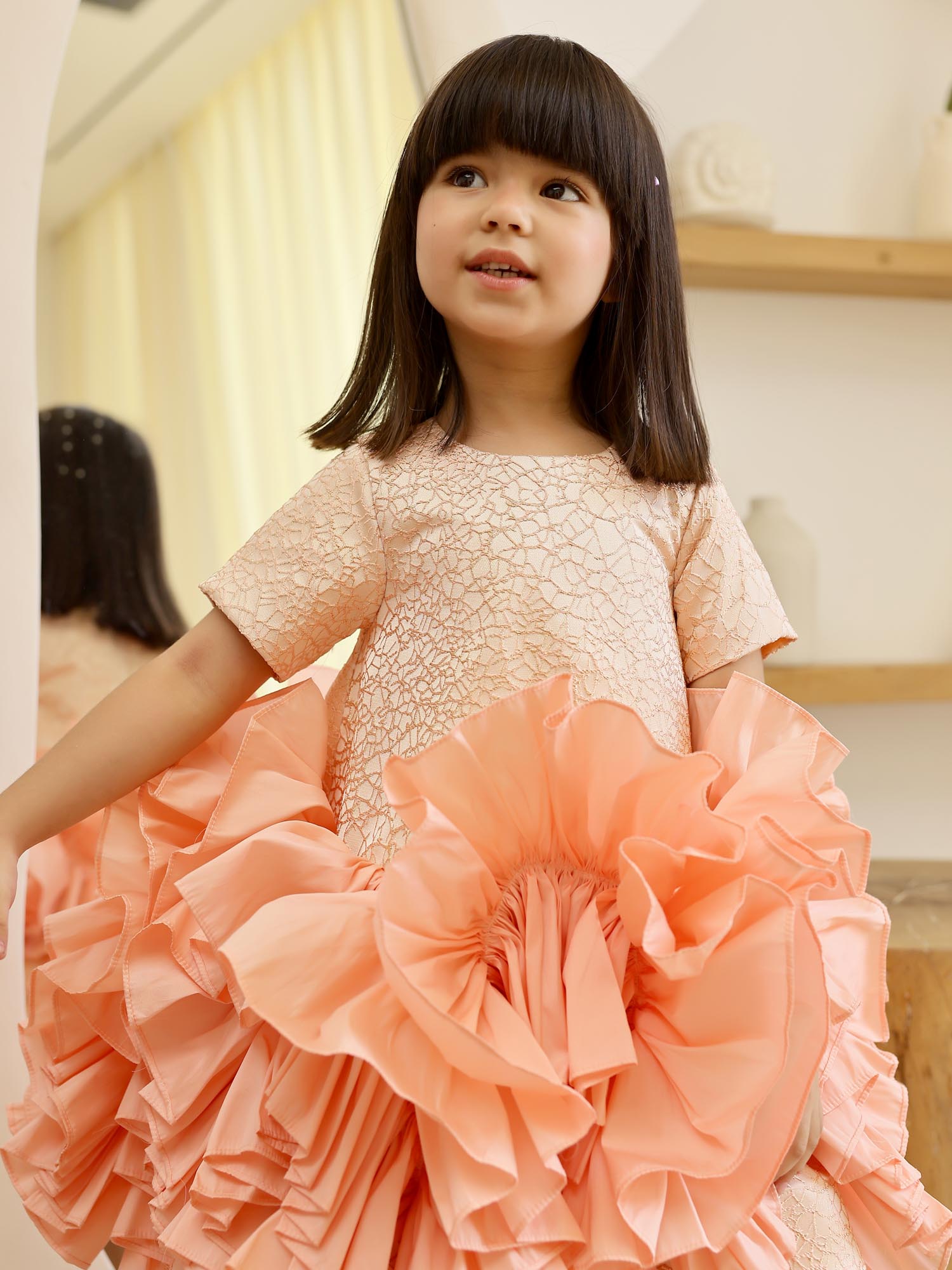 Sale JANYAS CLOSET Peachy Princess Jacquard Ruffle Dress