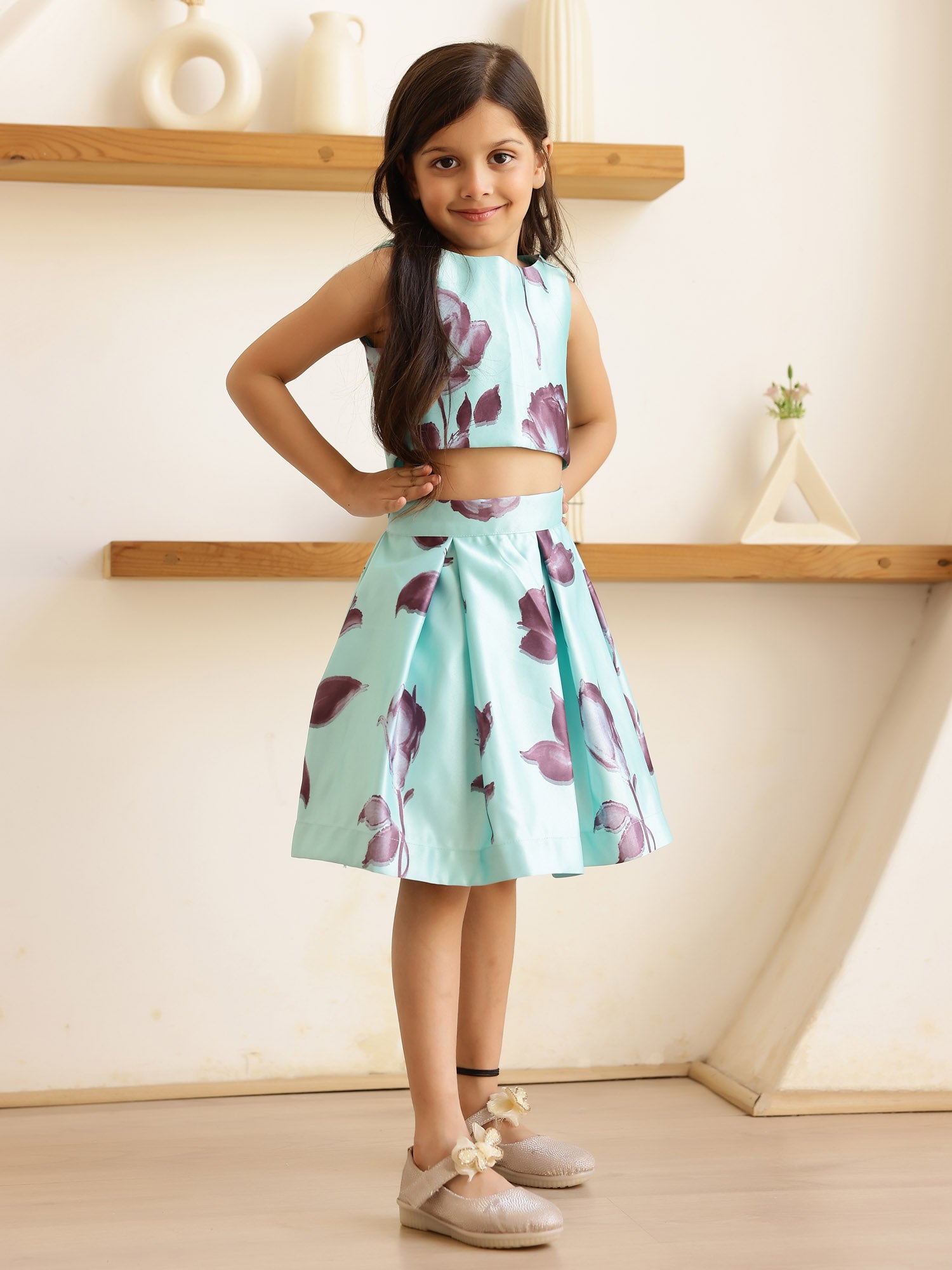 JANYAS CLOSET Satin Floral Print Skirt and Crop Top for Girls