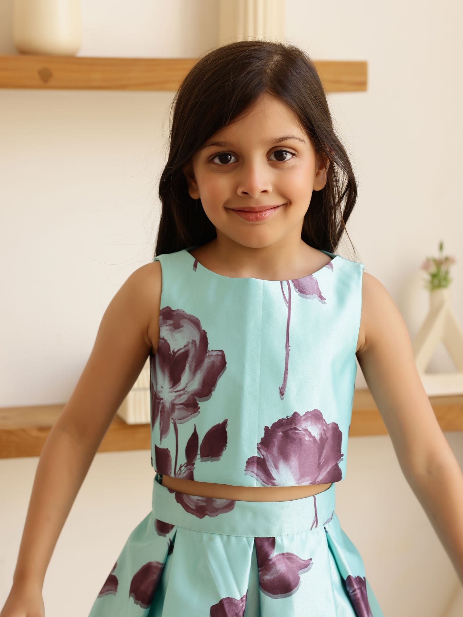 JANYAS CLOSET Satin Floral Print Skirt and Crop Top for Girls