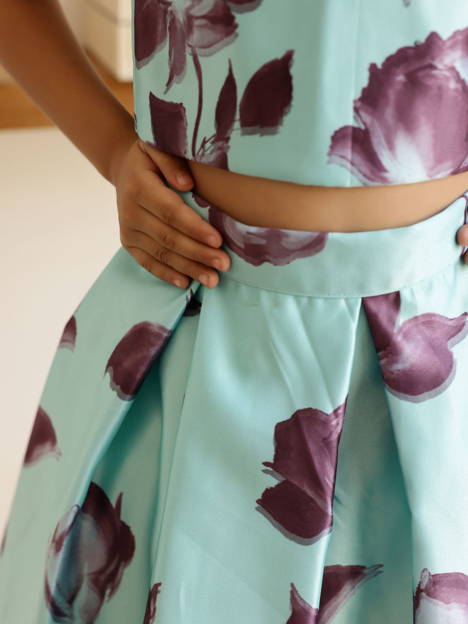 JANYAS CLOSET Satin Floral Print Skirt and Crop Top for Girls