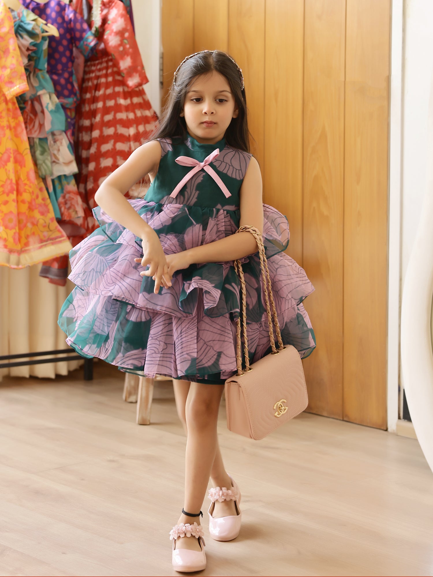 JANYAS CLOSET Flora Green Tiered A-Line Dress