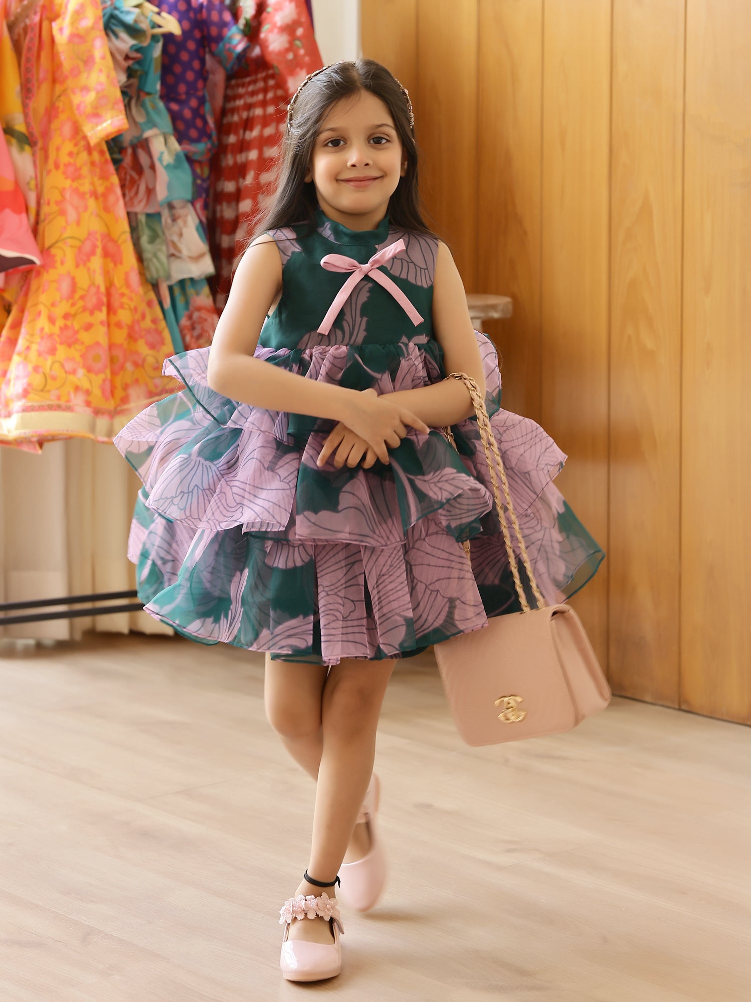 JANYAS CLOSET Flora Green Tiered A-Line Dress